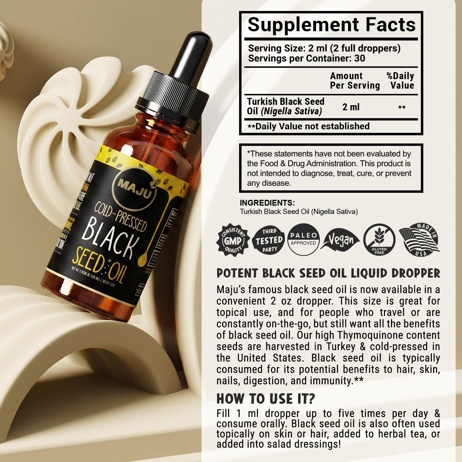 Maju Superfoods Black Seed Oil - 3 Times TQ, Cold-Pressed, Travel Size, 100% Turkish Black Cumin Seed Oil, Liquid Pure Blackseed, Glass Bottle, 2 Oz — Amazon image 6