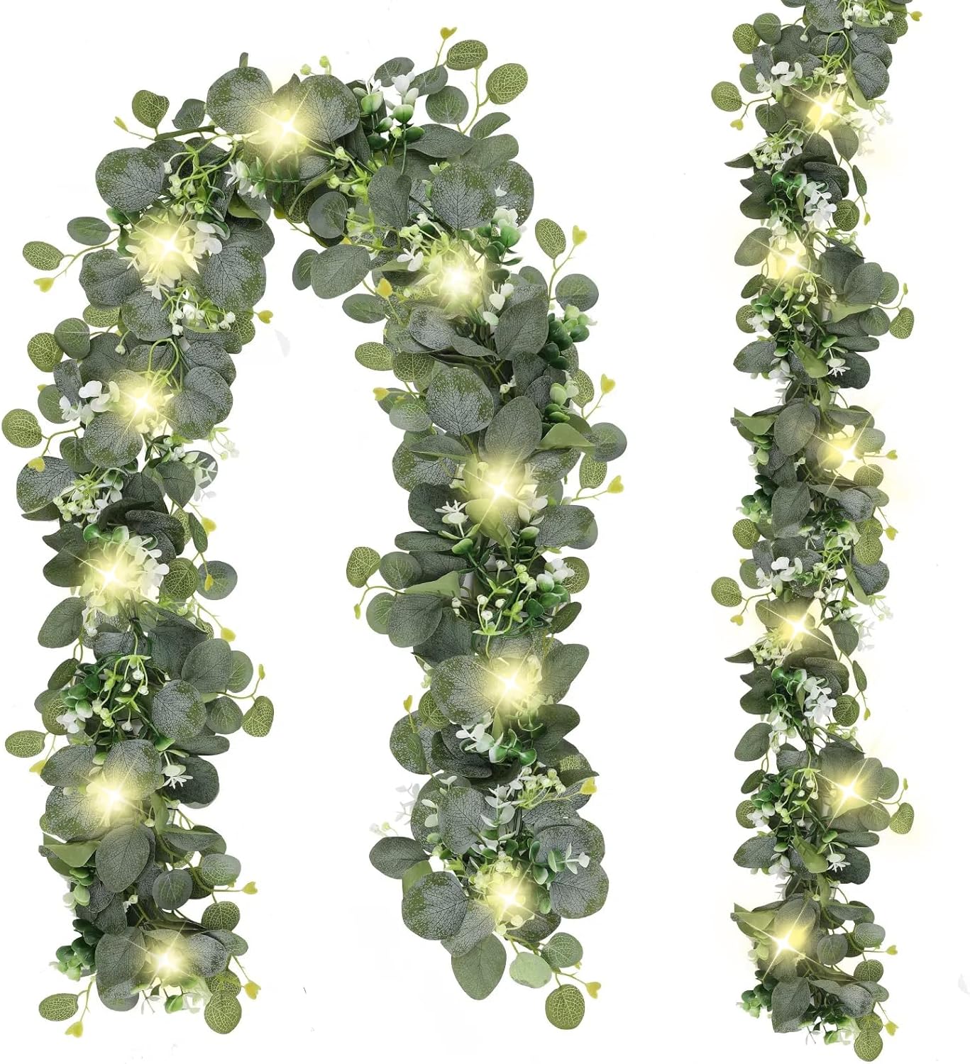 n&t nieting 2 pack artificial eucalyptus garland with lights, 6ft artificial greenery garlands, battery operated twig vine for room stairs mantle wedding holiday decoration indoor outdoor