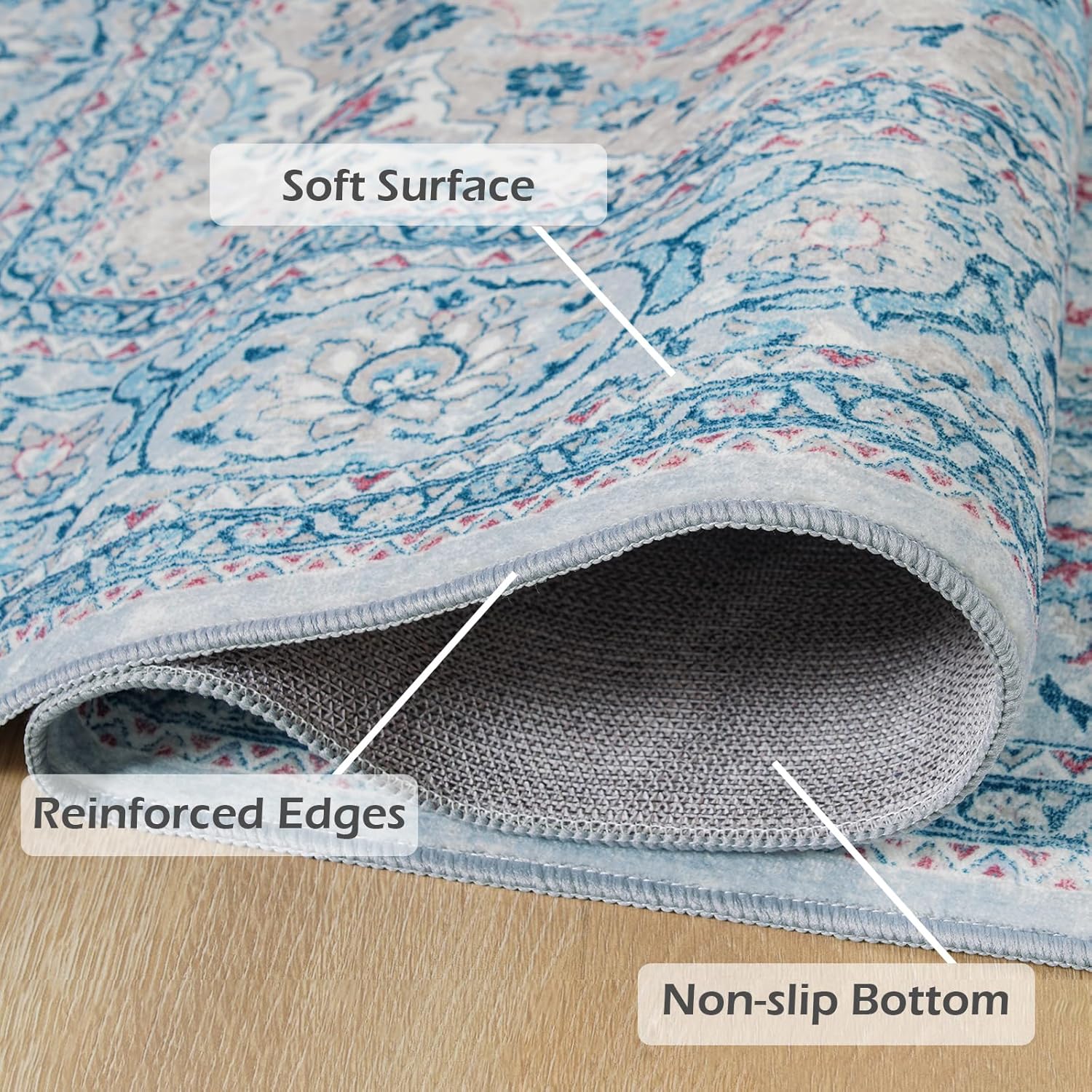 Goideal Kitchen Rug Set of 2, 2x3 & 2x6 Washable Non Slip Rug, Blue Floral Low Pile Rugs Soft Retro Indoor Carpet for Bedroom Living Room Kitchen Bathroom Entryway