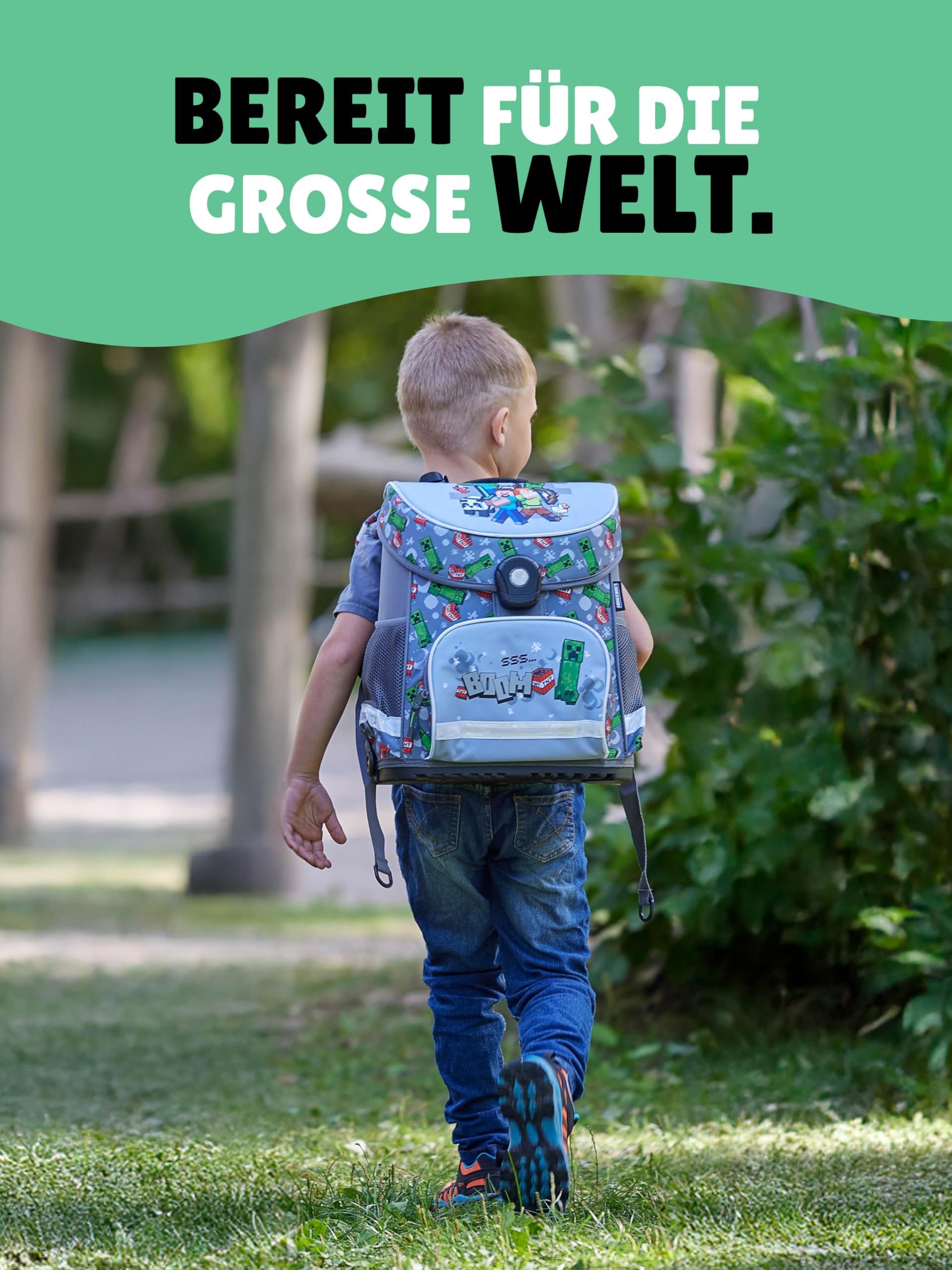 Familando - Schulranzen Set 6-teilig mit Federmappe - Minecraft - Ergonomisch, stabil & mit gepolstertem Rücken - 1250g leicht - 18L Volumen - Mit Reflektoren - Für Grundschule ab 1. Klasse