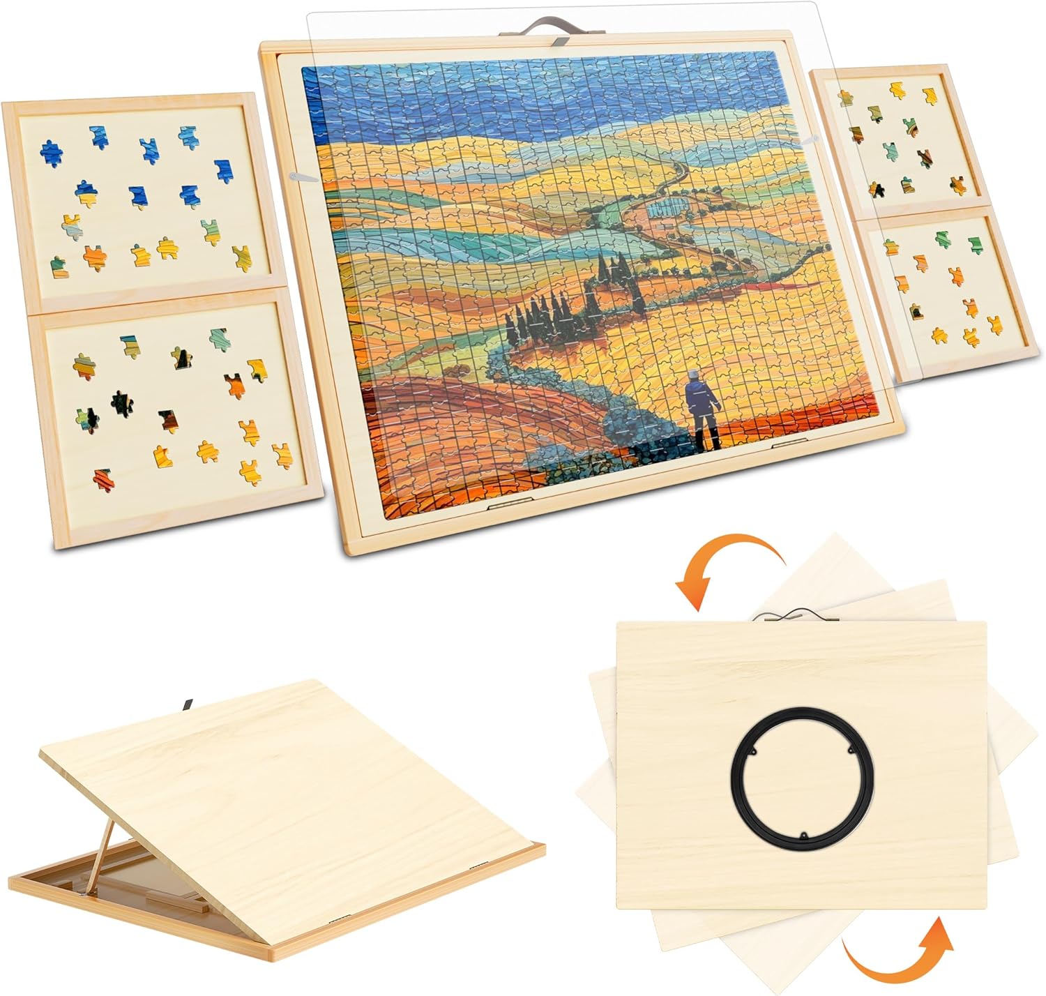 Tilting & Rotating Puzzle Board for 1000 Pieces, Natural Pine Wood Portable Jigsaw Puzzle Table with 4 Drawers & Cover, 3 Adjustable Angles & 360°Lazy Susan, 30”x22”, Ideal Gift for Adults