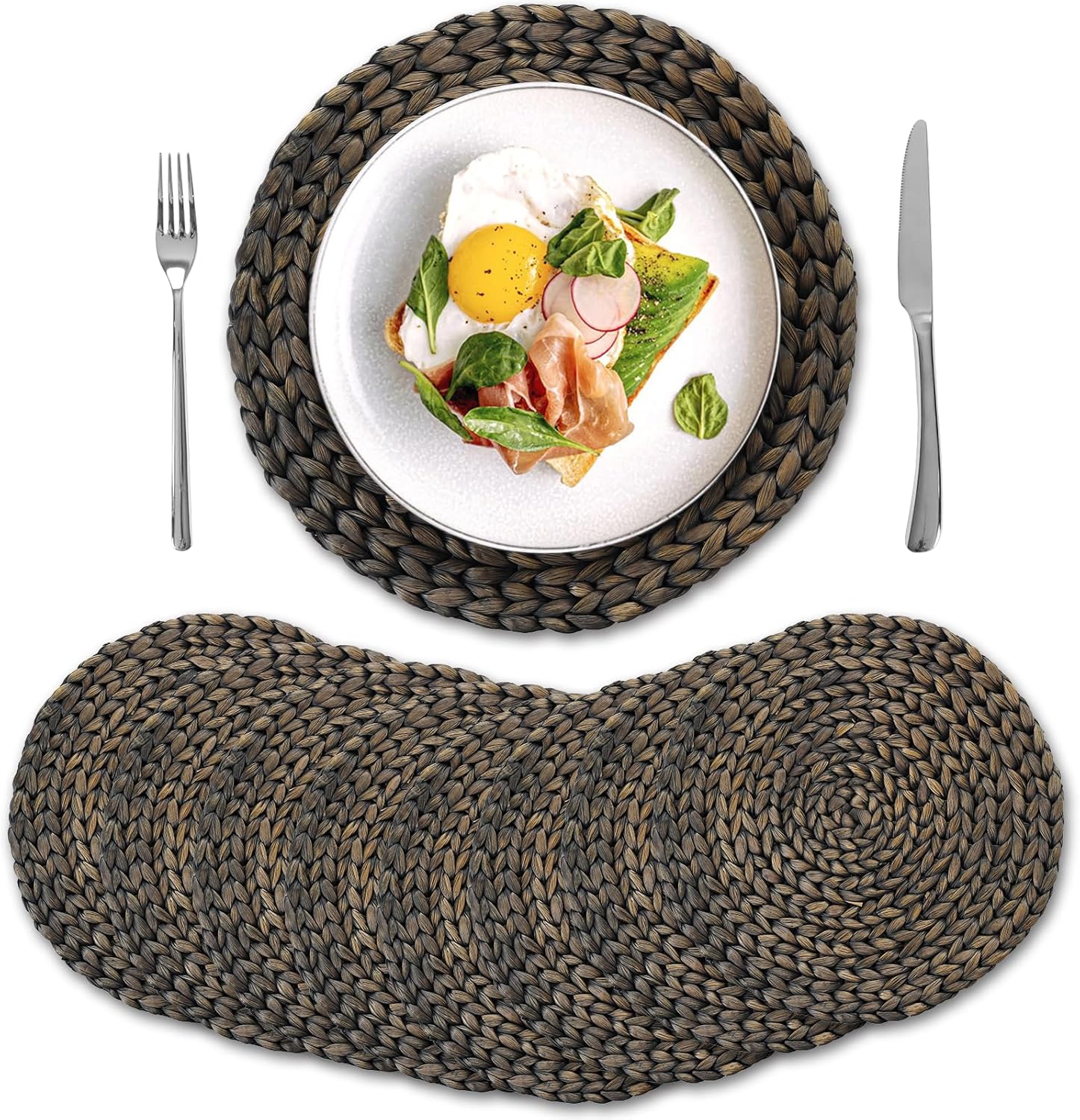 8 Pack, Round Woven Placemats, Natural Water Hyacinth Wicker Place Mats, Braided Straw Table Mats for Dining Table, Fall, Halloween, Thanksgiving, Chrismats, Black (13.8 inch) Black (Set of 8)