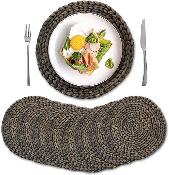 8 Pack, Round Woven Placemats, Natural Water Hyacinth Wicker Place Mats, Braided Straw Table Mats for Dining Table, Fall, Halloween, Thanksgiving, Chrismats, Black 13.8 inch