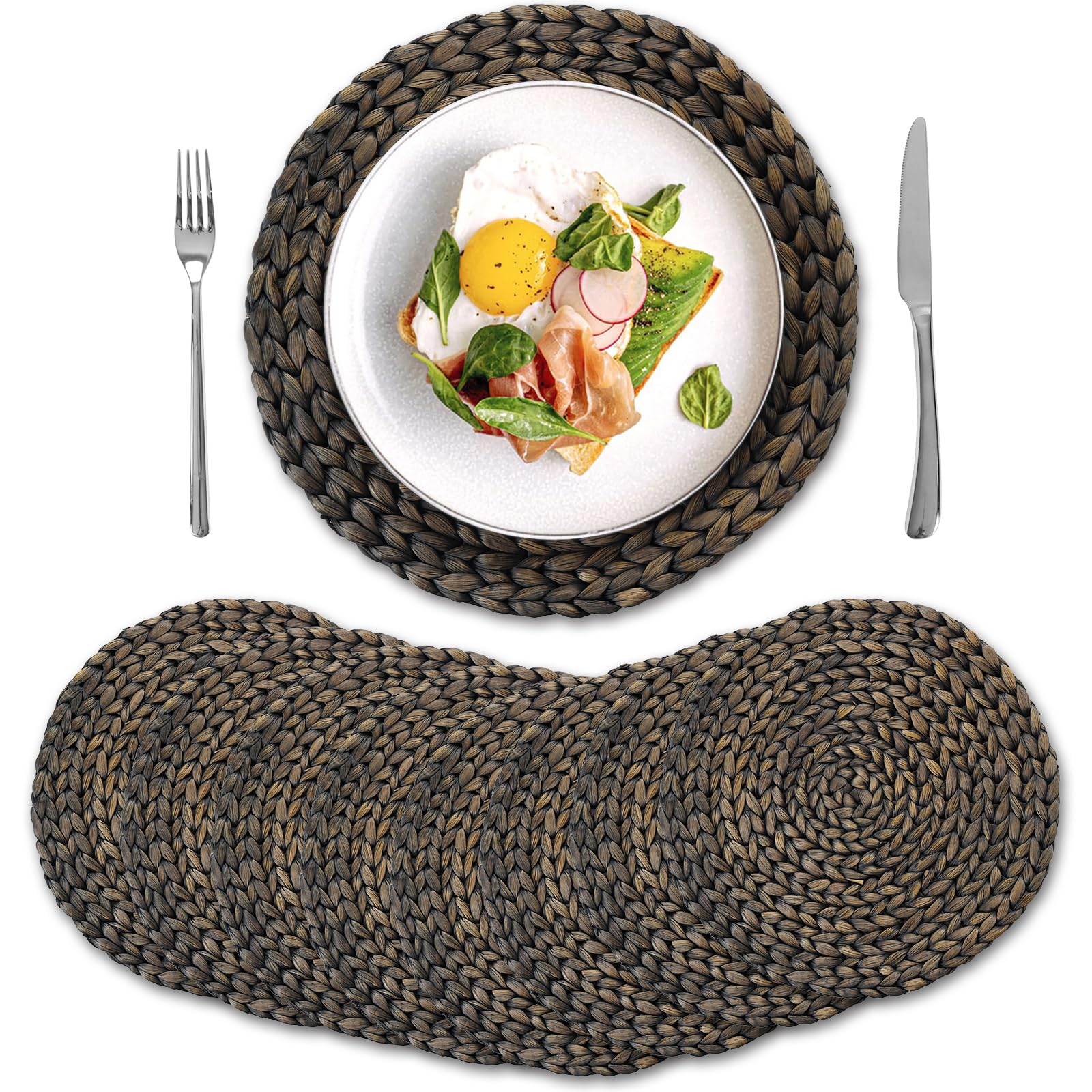 Photo 1 of 8 Pack, Round Woven Placemats, Natural Water Hyacinth Wicker Place Mats, Braided Straw Table Mats for Dining Table, Fall, Halloween, Thanksgiving, Chrismats, Black (13.8 inch)