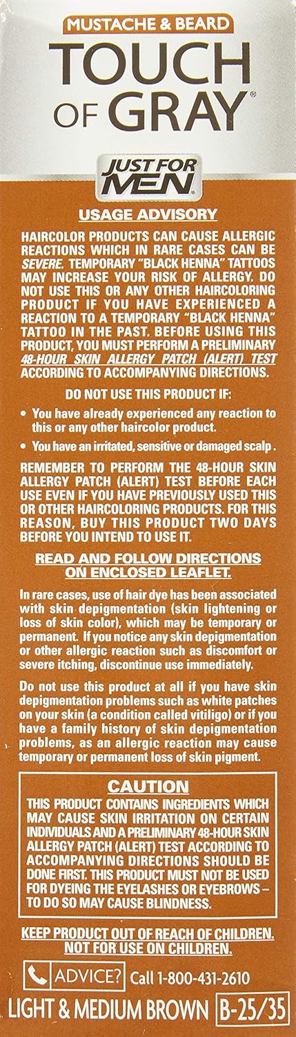 JUST FOR MEN Touch of Gray Hair Color, Mustache & Beard Kit, Light & Medium Brown B-25/35, 1 ea ( Pack of 3)