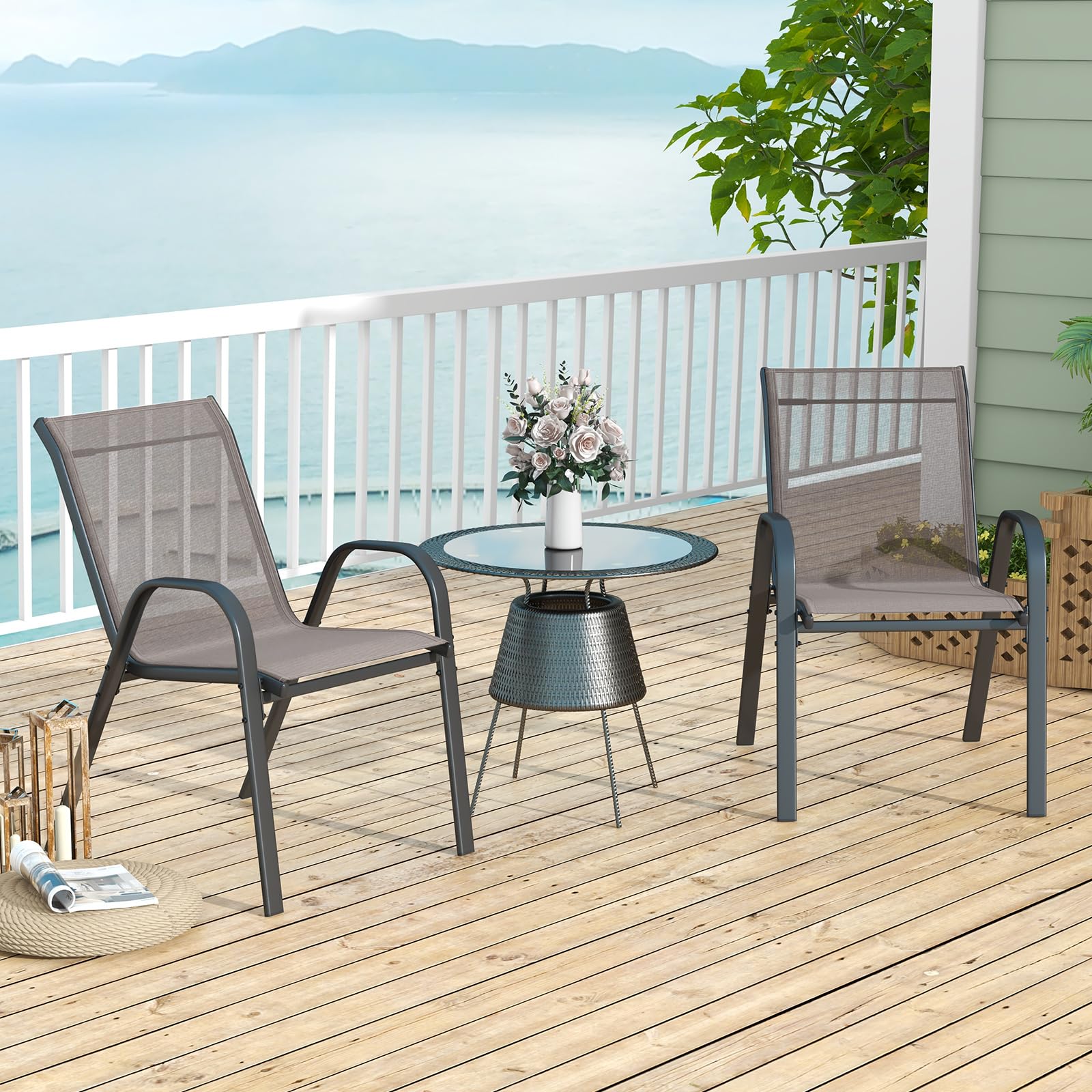 COSTWAY Lot de 2/4 Chaises de Jardin Exterieures avec Cadre en Métal, Chaise de Salle à Manger Empilable en Tissu Respirant, Fauteuil d'Extérieur pour Cour, Balcon, Piscine, Charge 150 KG (Gris,4)
