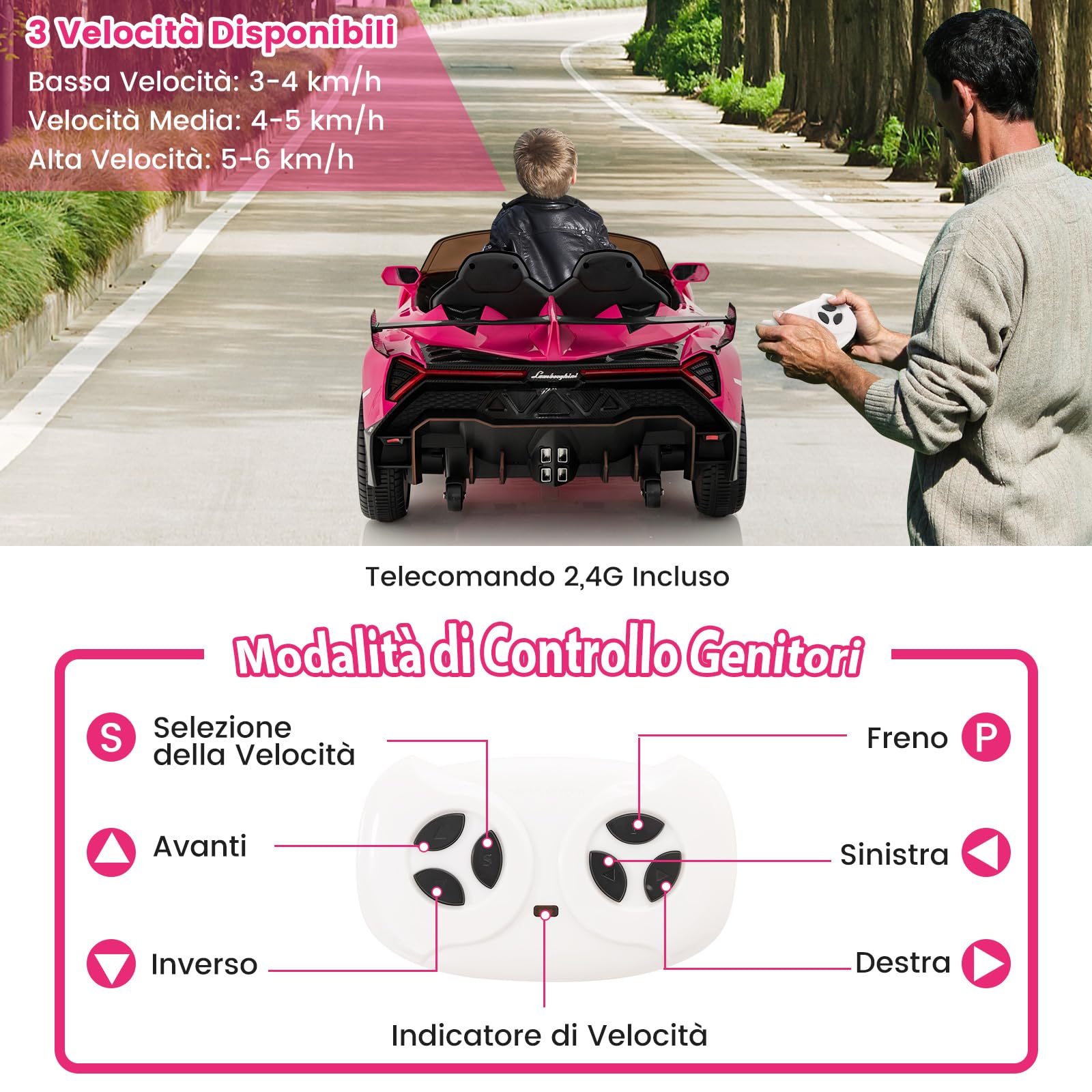 COSTWAY Lamborghini Macchina Elettrica per Bambini, Auto Elettrica Cavalcabile con Telecomando Luci LED, 3 Velocità, 3-6 km/h, per Bambini 3-8 Anni (Rosa)