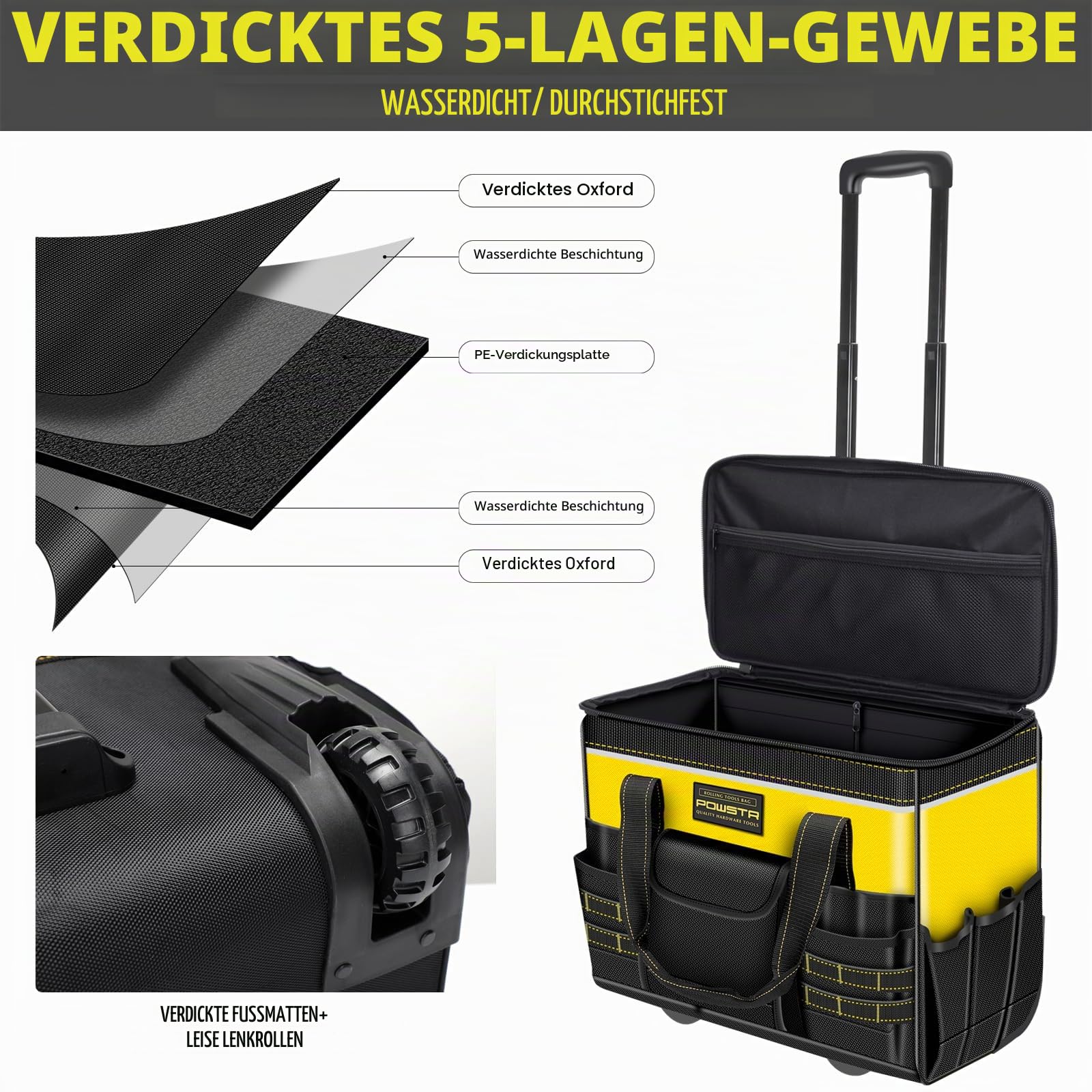 21" Groß Werkzeugtasche mit Rollen,18 Taschen, Vielseitig Einsetzbare Werkzeugtasche mit Teleskopgriff, für Bauarbeiter, Elektriker, Gelb/Schwarz | Mit Teleskopgriff und 18 Taschen, Mehrzweck-Werkzeugtaschen für Bau, Elektriker und HVAC, Gelb/Schwarz