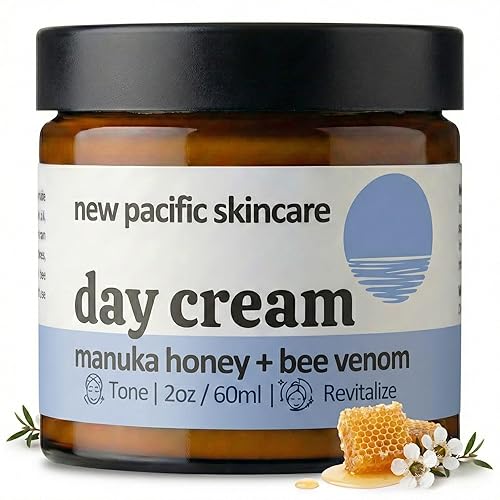 Bee Venom & Manuka Honey 45+ MGO Crema de día – Crema hidratante facial reafirmante y antiarrugas con ácido hialurónico y vitamina C, 2 onzas |
