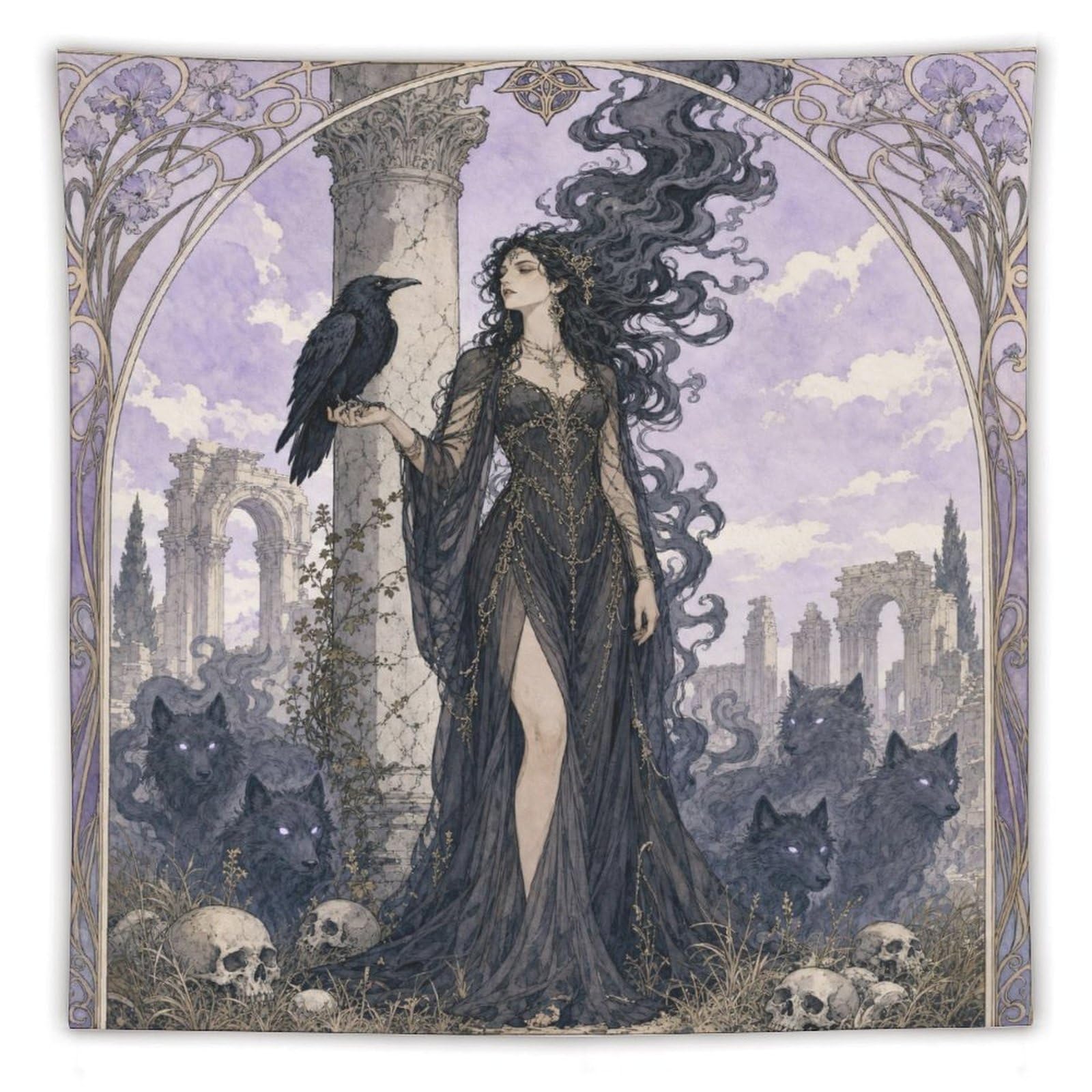W7C8U2X3 Raven Witch in Graveyard Wall Tapestry, Gothic Oil, Dark Fantasy
