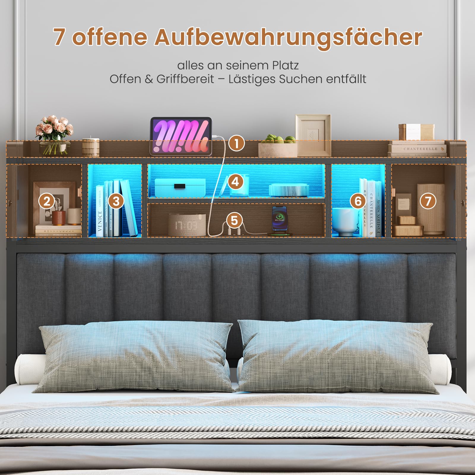 AOGLLATI Bett 140x200 mit Hydraulischem Stauraum & Kopfteil Stauraum Polsterbett Jugendbett mit LED Beleuchtung und Ladestation Doppelbett Bettgestell mit Lattenrost aus Holz(Schwarz, 140x200cm)