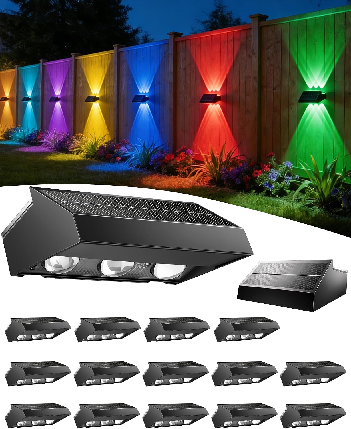 Solar Fence Lights Outdoor 12 Pack, Up and Down Fence Lights Solar Powered | 3 Modes & 10 RGB Colors, Solar Wall Lights for Outside, Deck Lighting for for Backyard/Garden/Patio/Garage Wall Decor