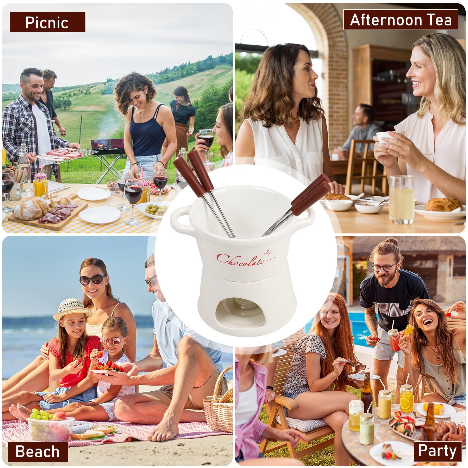 BigKing Tygiel do czekolady i sera, 300 ml, ceramiczny zestaw czekoladowego fondue z 4 widelcami i 4 świeczkami, wyjmowany, mini kubek do fondue do domu, restauracji i kawy