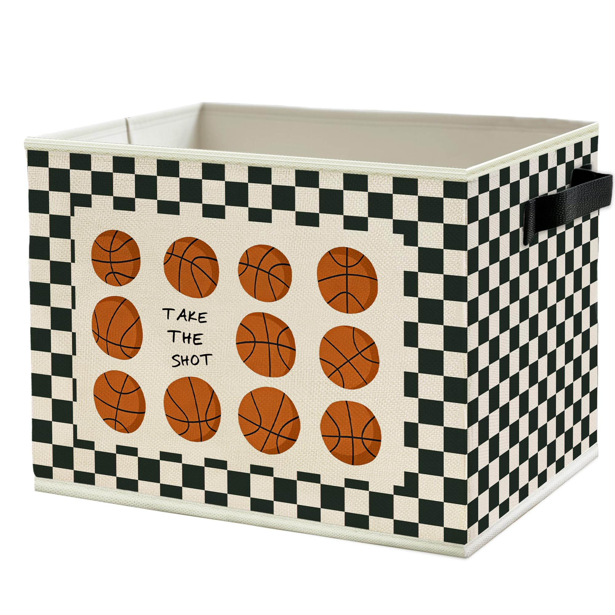 Vintage Basketball Nursery Storage Bins Box with Handles, Black and White Checkered Basketball Sports Collapsible Basket Organizer for Kids Boys Bedroom Playroom Bathroom Books Clothes