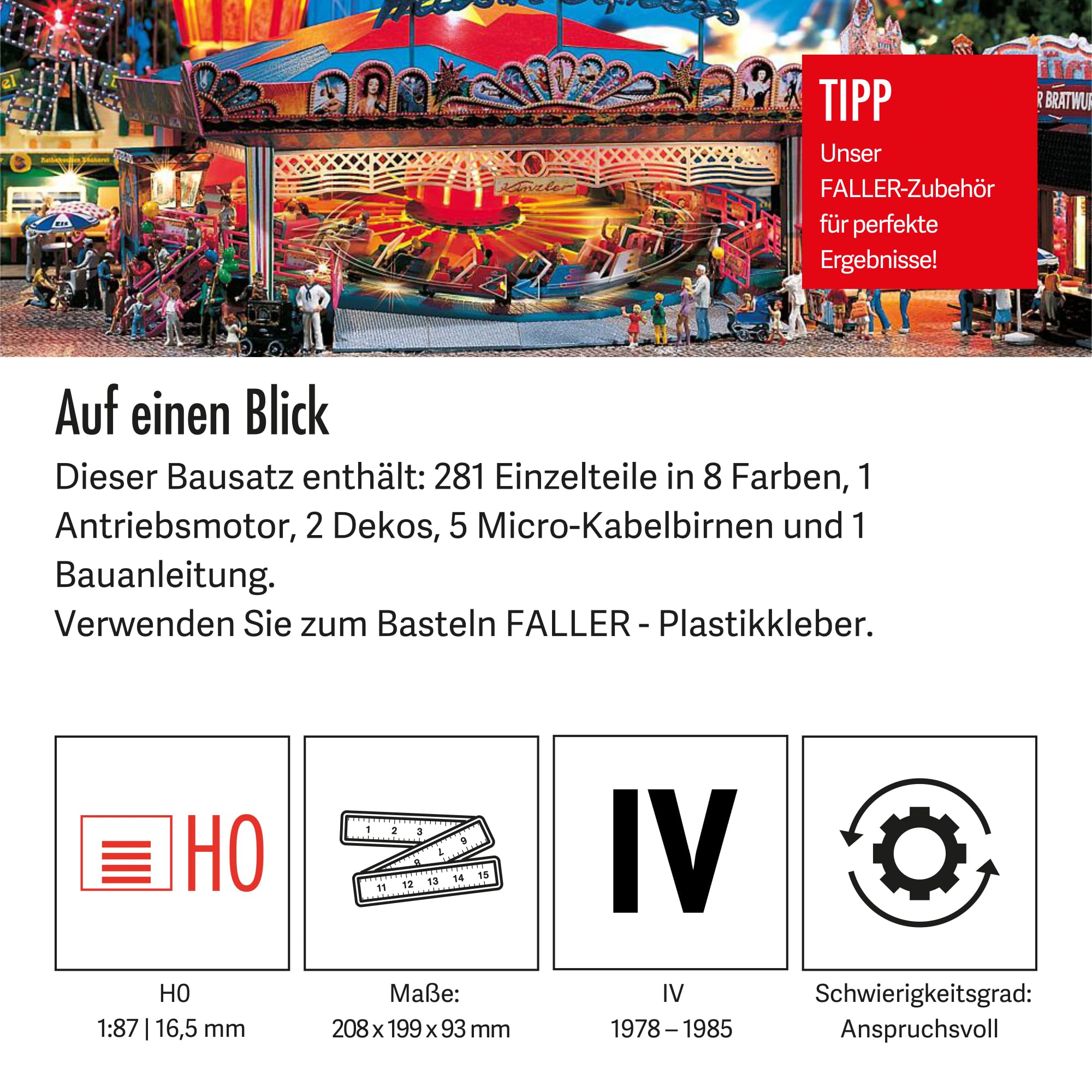 FALLER Karussell Musik Express Modellbausatz mit 281 Einzelteilen 208 x 199 x 93 mm I Modelleisenbahn Zubehör H0 I Modelleisenbahn H0 Kirmesanlagen