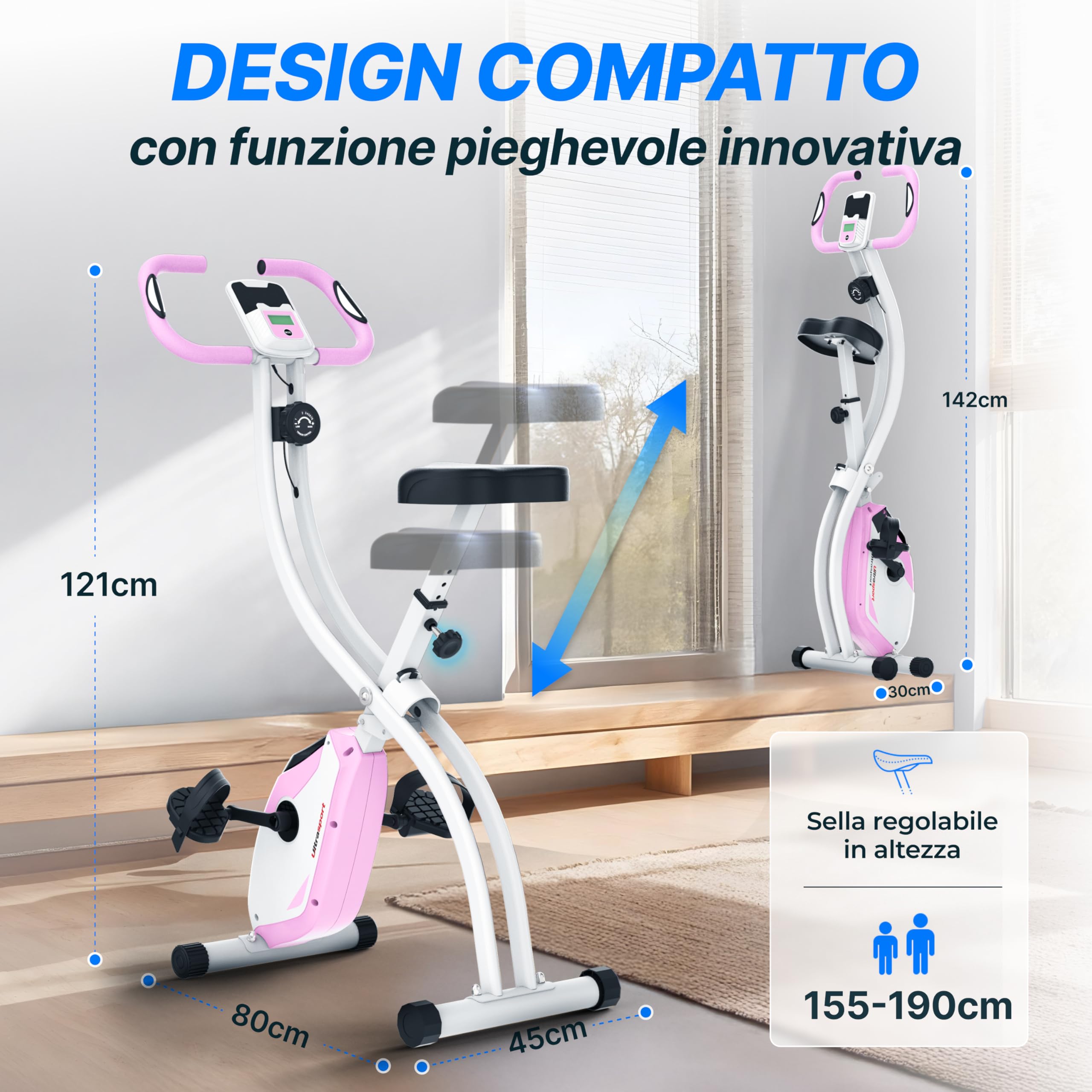 Ultrasport F-Bike 150/200, Cyclette, 8 Livelli di Resistenza, Porta Tavoletta, Sensori polso della mano, Pieghevole, Salvaspazio