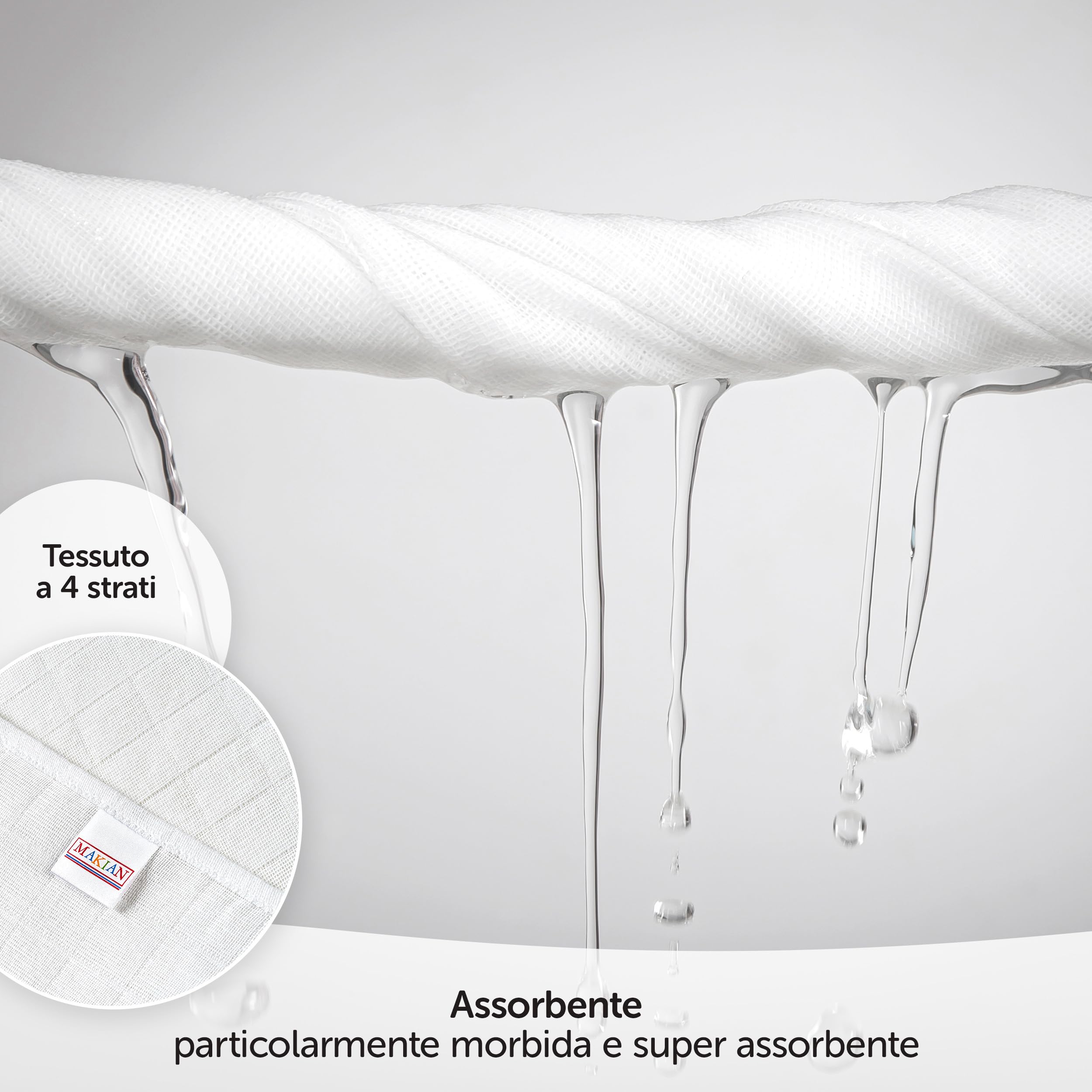 MAKIAN Mussole Neonato Cotone - Mussoline 35x50 cm, Testati Oeko-Tex Standard 100 - Conf. 10 Quadrotti Cotone Neonato Tessuto 4 Strati - Bianco