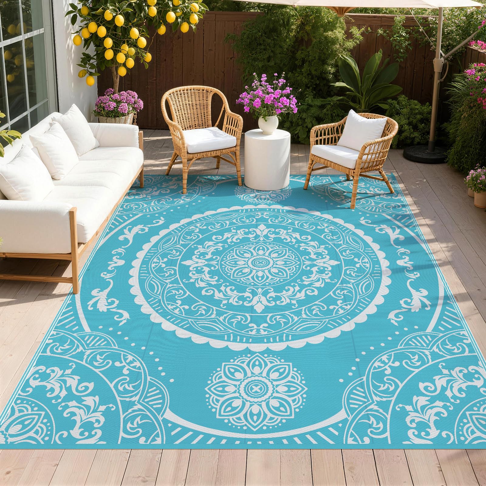 Pauwer Waterproof Outdoor Rug 8x10, Plastic Straw Patio Mat, Paisley Teal | Reversible Camping Rug, UV Resistant Indoor Outdoor RV Mat Carpet For Deck, Camper, Porch, Balcony, Backyard, Picnic