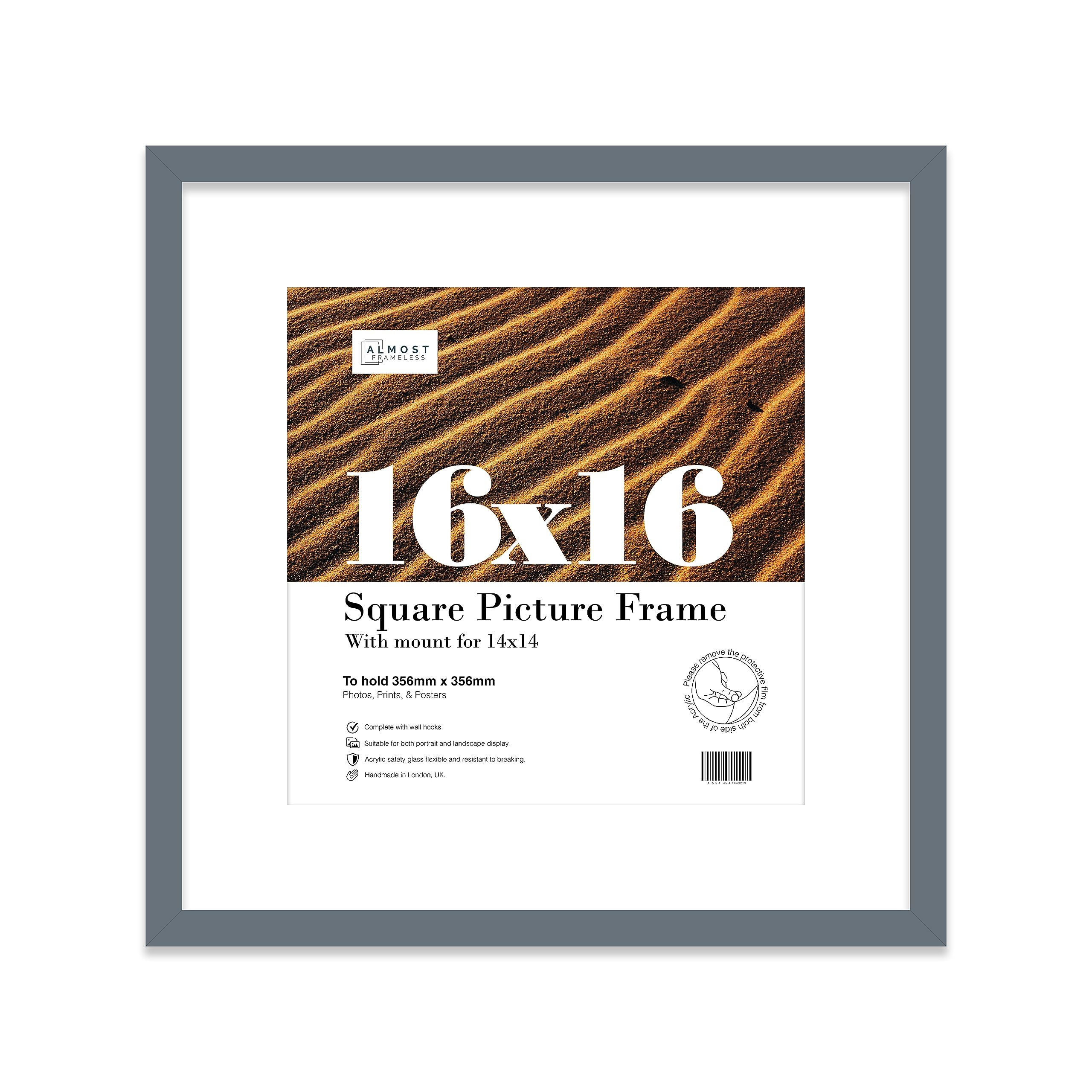 16x16 Grey Picture Frame with Mount for 14x14 Photos, Prints - Modern Square Wall Frame, 1 Pack