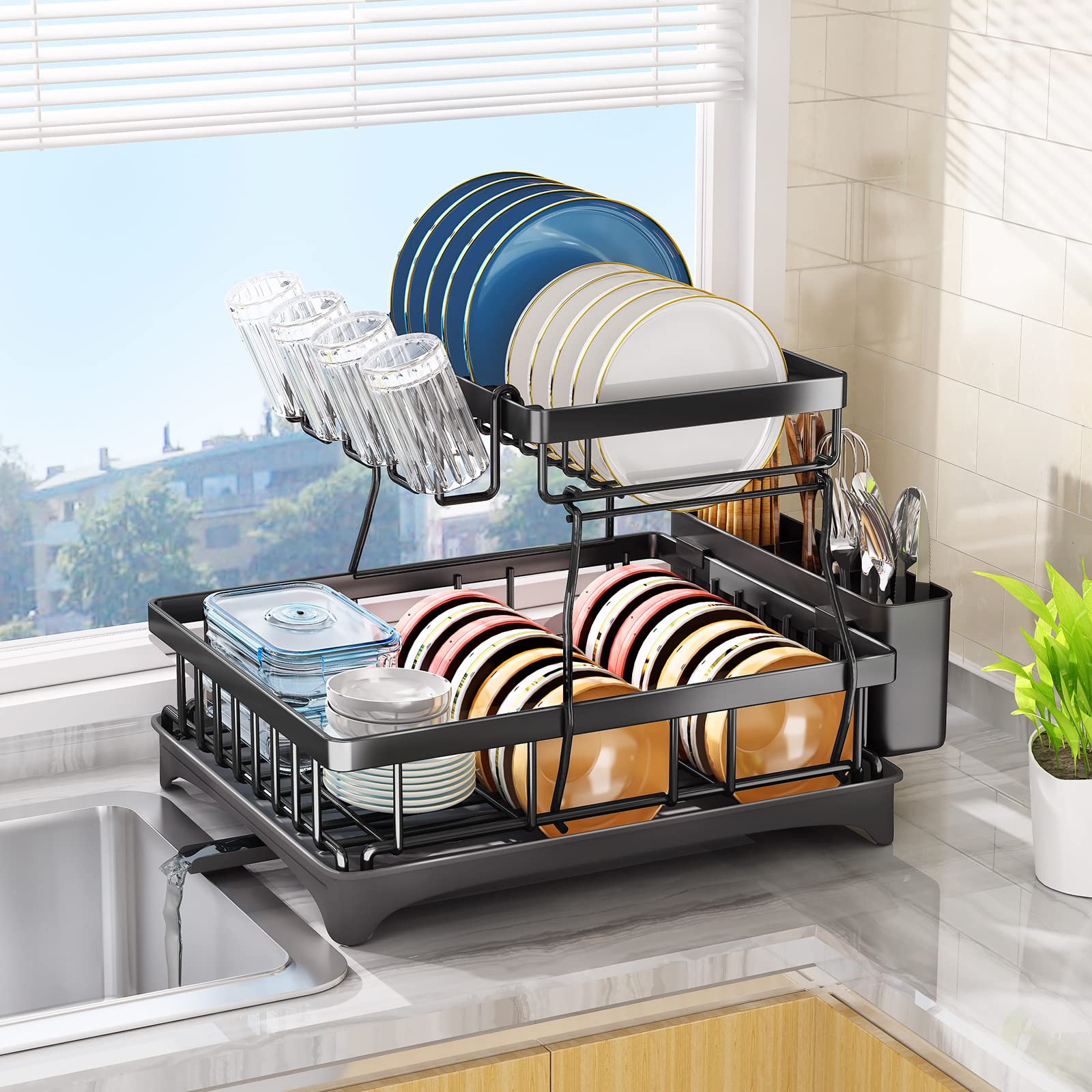 Dish Drying Rack, HERJOY Detachable 2 Tier Dish Rack and Drainboard Set