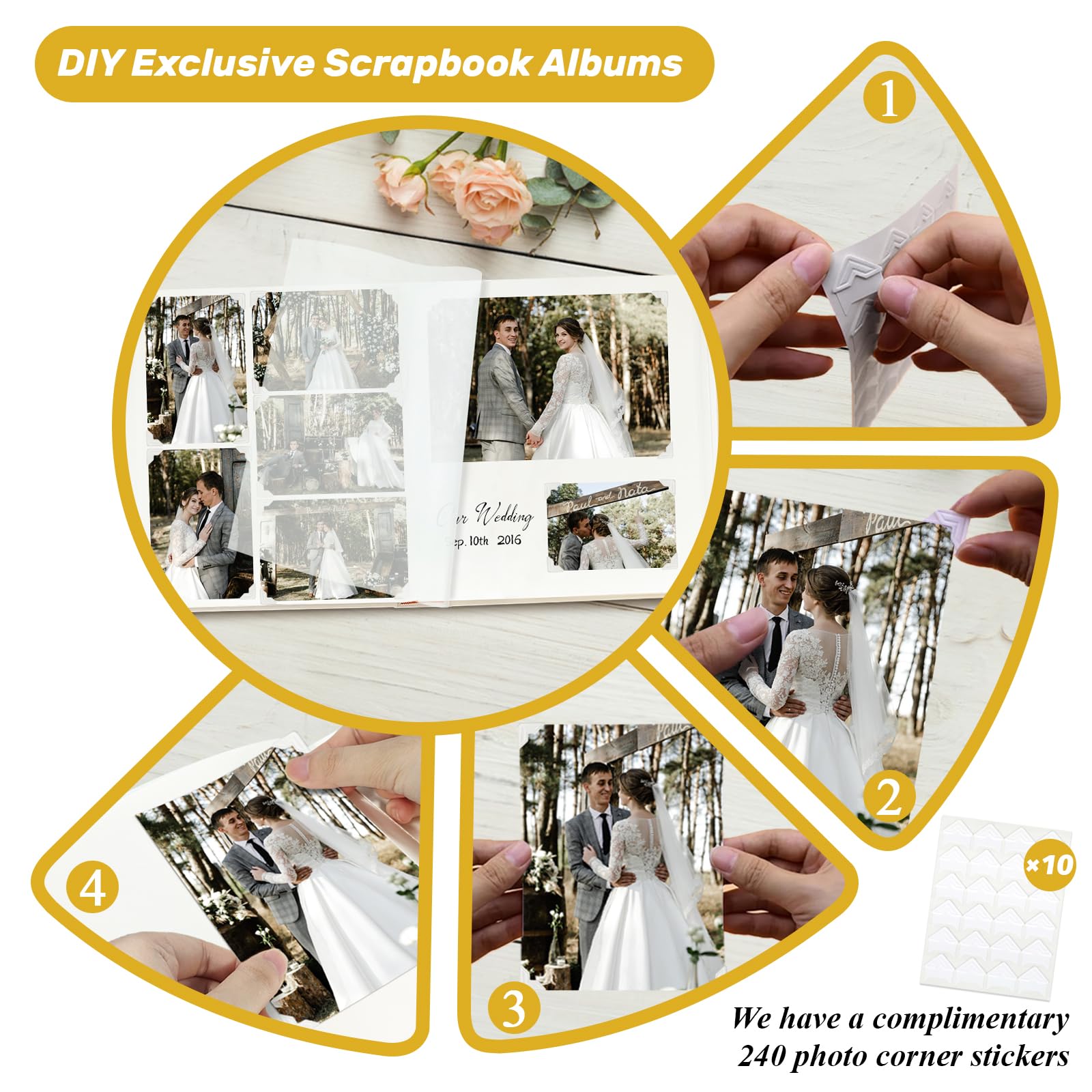 JTB - Álbum de recortes sin ácidos, organizador de fotos de bricolaje con diseños flexibles para fotos de 3 x 5 a 8 x 10 pulgadas, libro de recuerdos de boda y bebé, diario familiar creativo