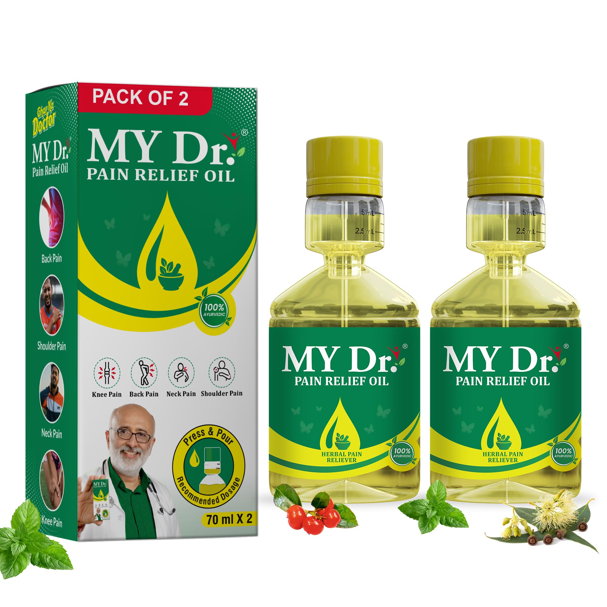 - My Dr.® Pain Relief Oil – Ayurvedic Oil for Joint, Knee, Back, Neck, Shoulder, Ankle, Elbow, hip & Muscle Pain | Fast & Long-Lasting Relief from Arthritis, Sciatica, Stiffness & Chronic Pain | Non-Sticky & No Massage Required | Enriched with 9 Herbs | Easy-to-Use Press & Pour Pack | 70ml Pack of 2