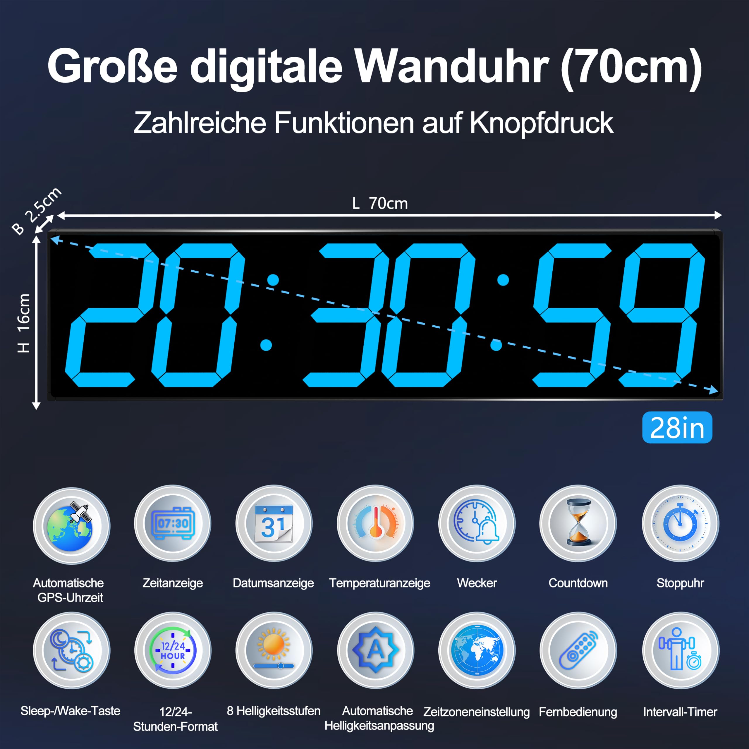 CHKOSDA XXL Große LED Digitale Wanduhr 70cm mit GPS Zeitsynchronisation | Ohne WLAN. 50m Lesbarkeit, Fernbedienung, 8-stufige Helligkeit, Timer, Netzbetrieb für Büro, Fitnessstudio & Schule. Eisblau