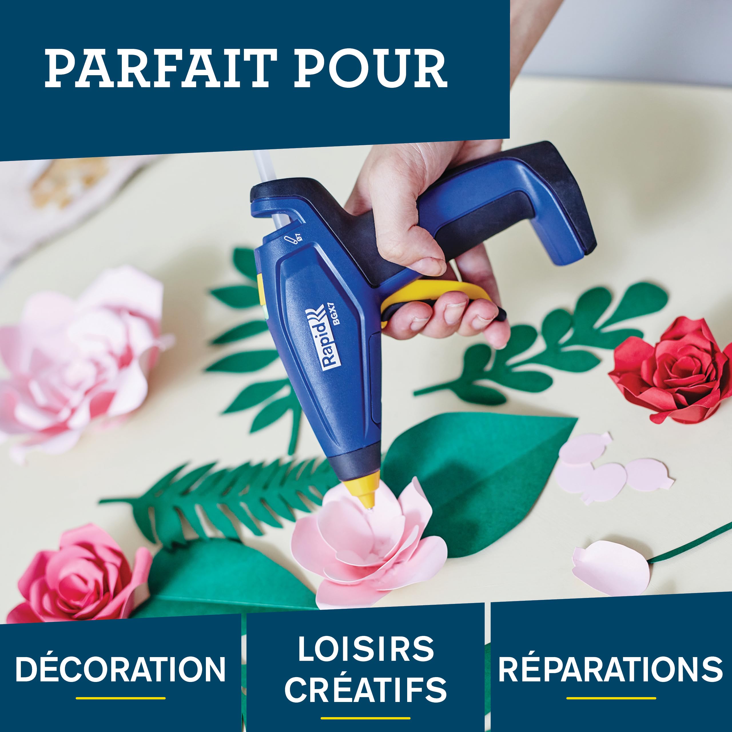 Pistolet à colle chaude sans fil Rapid BGX7 7mm, chauffe en 20s, rechargeable par USB avec une autonomie de 30 min, idéal pour les loisirs créatifs, les réparations DIY et les projets domestiques