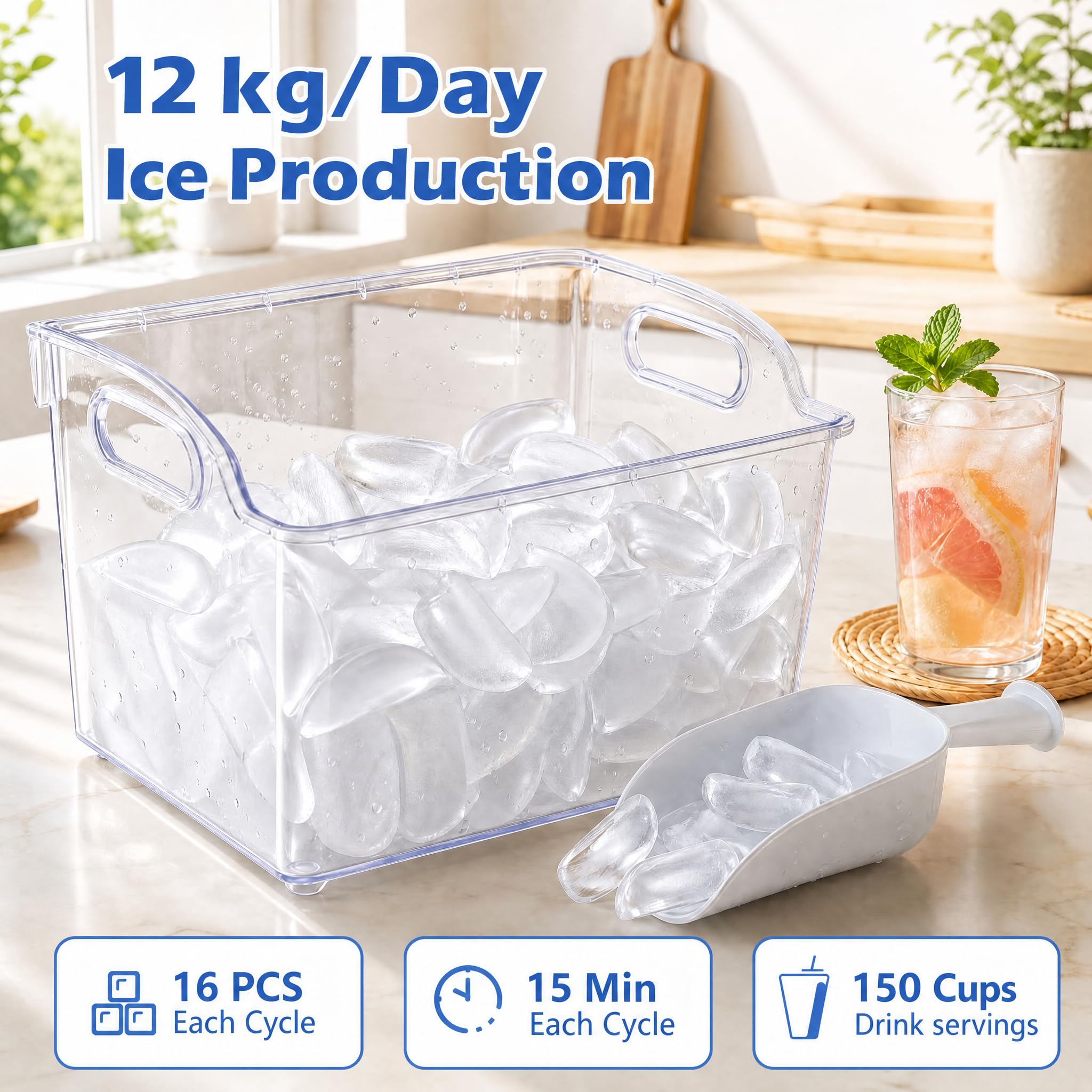 LIFEZEAL Macchina Ghiaccio 12kg/24h, Serbatoio 1,8L, Autopulente | Macchina del Ghiaccio Silenzioso con Cestello Paletta, 11 Livelli di Spessore Regolabile, per Casa/Cucina/Ufficio/Bar
