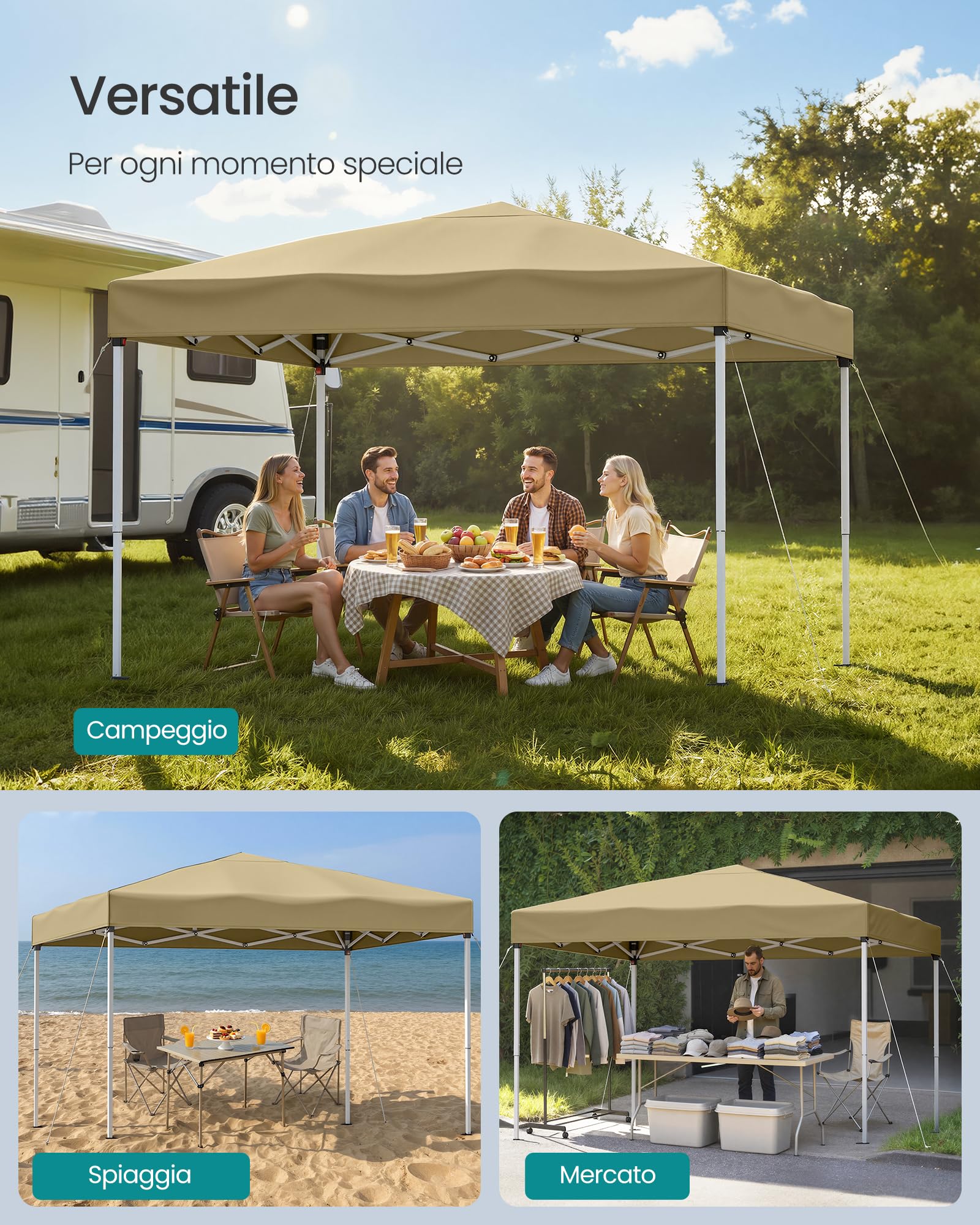 SONGMICS Gazebo 3 x 3 m, Tendone Pieghevole, Protezione Solare, Resistente alla Pioggia Leggera, Portatile, per Cortile, Giardino, Mercato, Beige GCT102LZ01
