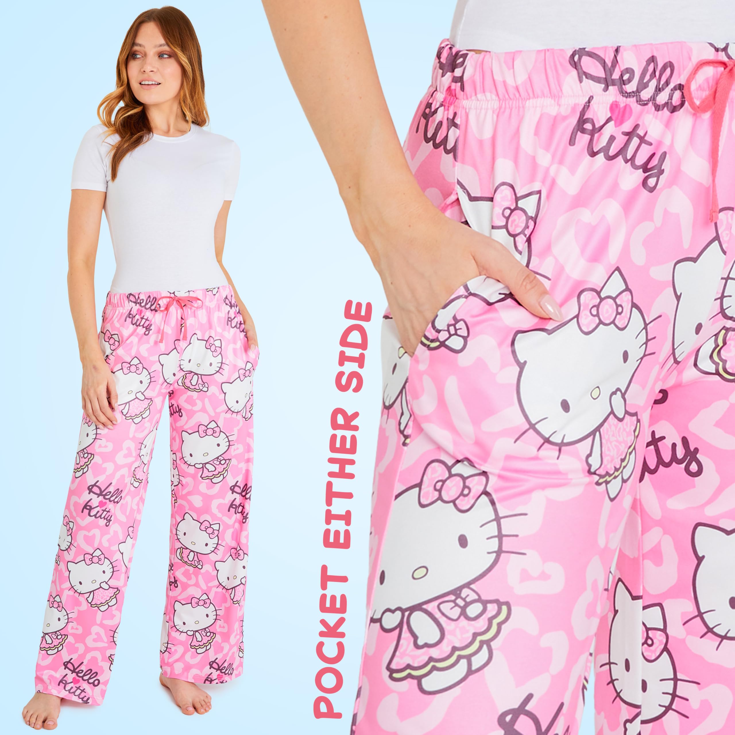 Hello Kitty Damskie spodnie piżamowe, wygodna elastyczna odzież wypoczynkowa, oddychające piżamy - prezenty dla kobiet (rozmiar M, różowy), różowy, M