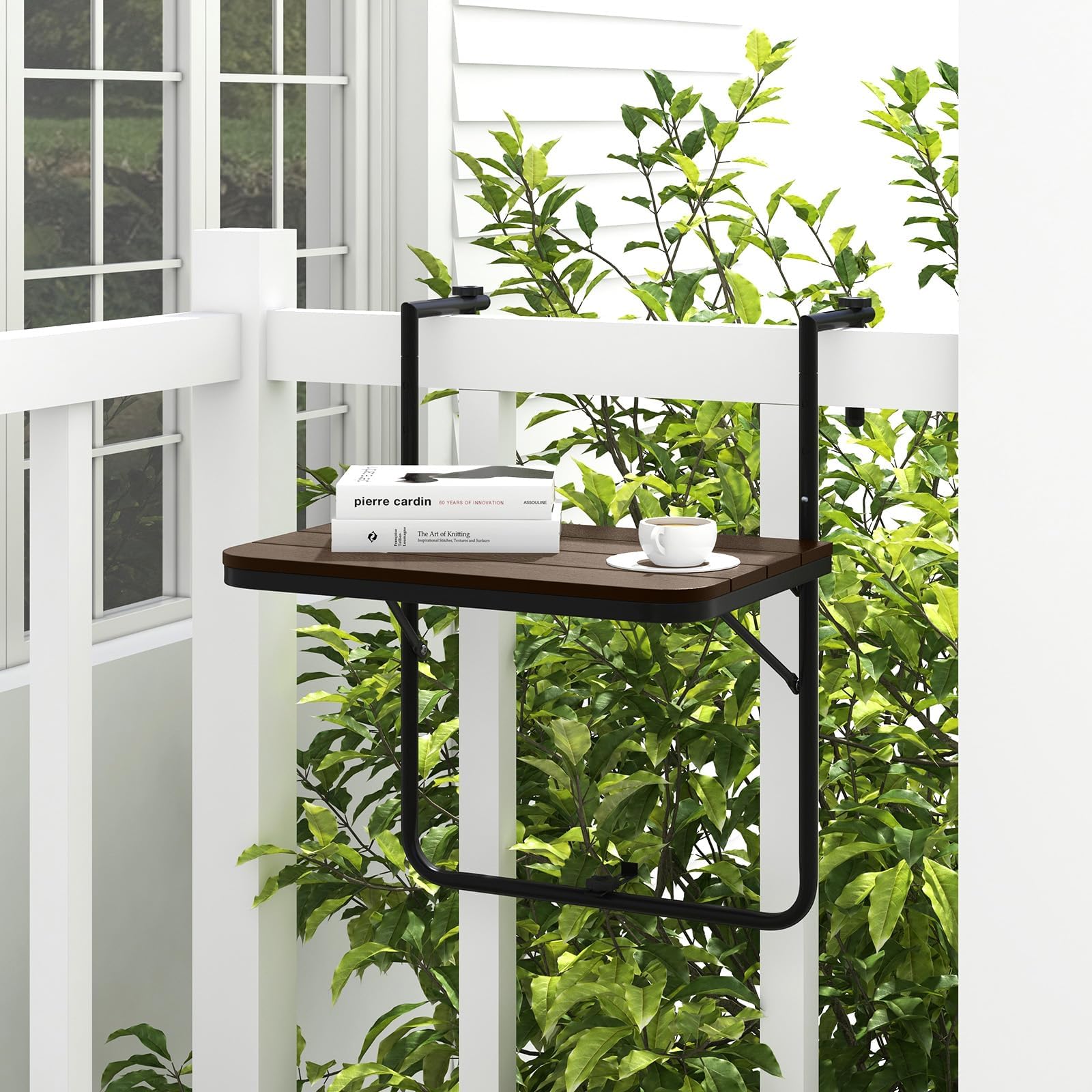 FANTASK Table de Balcon à Suspendre - Pliable - Hauteur réglable sur 3 Niveaux - 60 x 40 cm - Café