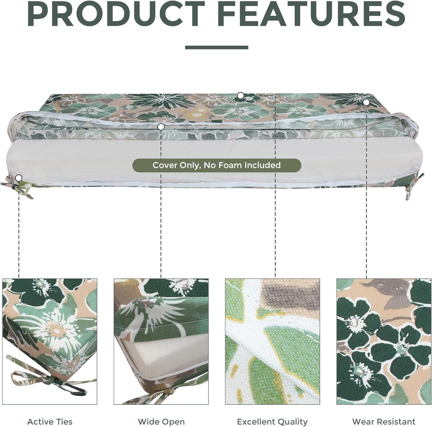 Magpie Fabrics Patio Bench Loveseat Cushion Covers (Replacement Cover only, No Insert!), Waterproof Fade Resistant Swing Cushion Slipcover with Ties(42x18x3 Inch, Green Floral)