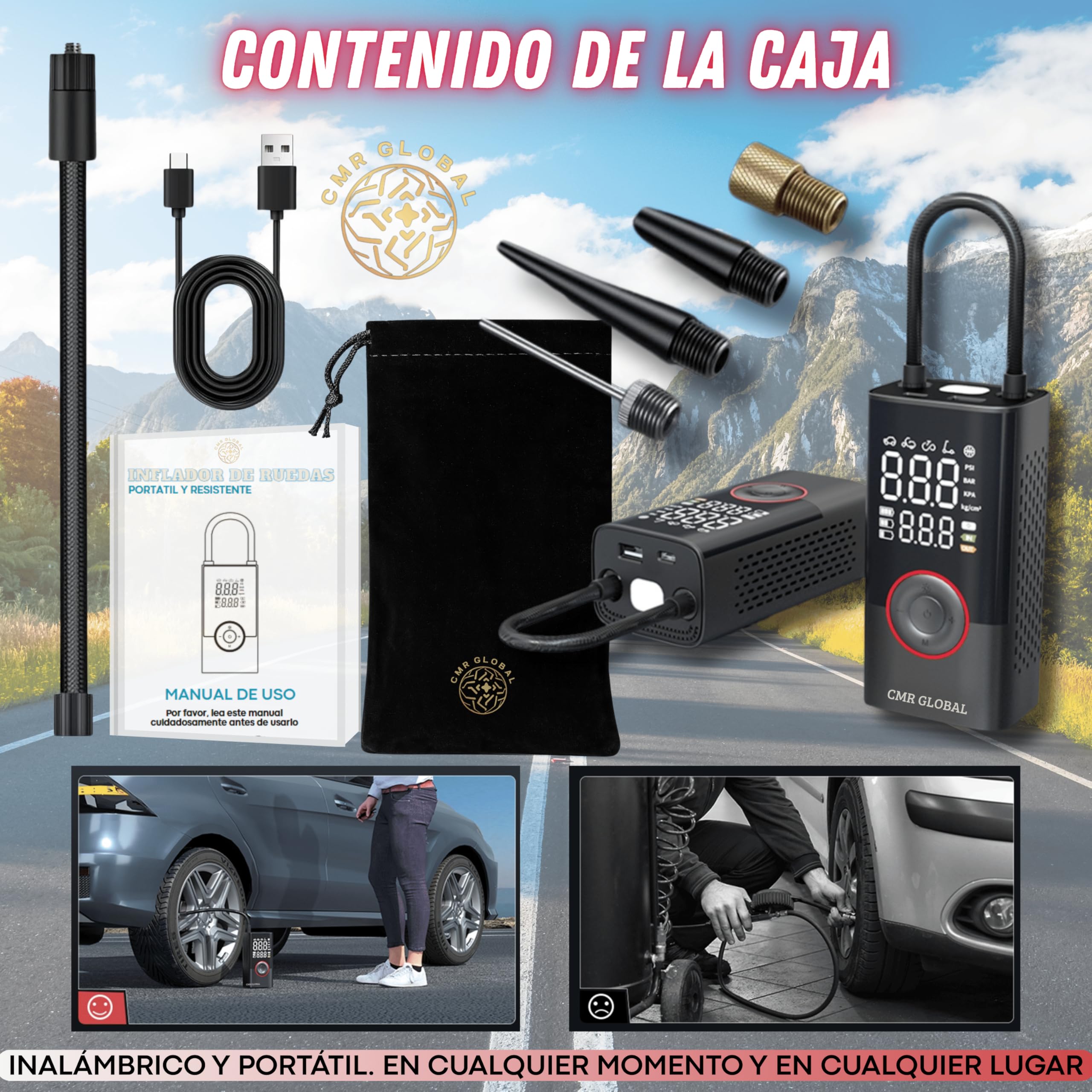SUPER PRO Compresor Aire Portatil. Inflador Ruedas Coche. Inflador Eléctrico con Linterna 150 PSI para Coche Moto Bicicleta Pelota. Hinchador eléctrico Batería Recargable 4000 mAh. Viaje Emergencia
