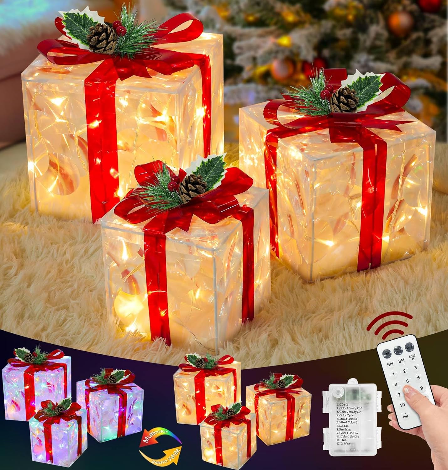 3 Pack Valentines Day Lighted Gift Boxes Decorations with Timer 60 Warm White & Colored Change Light, 12 Modes Remote Battery Operated Light up Present Boxes Valentine Tree Decor Indoor Outdoor Home