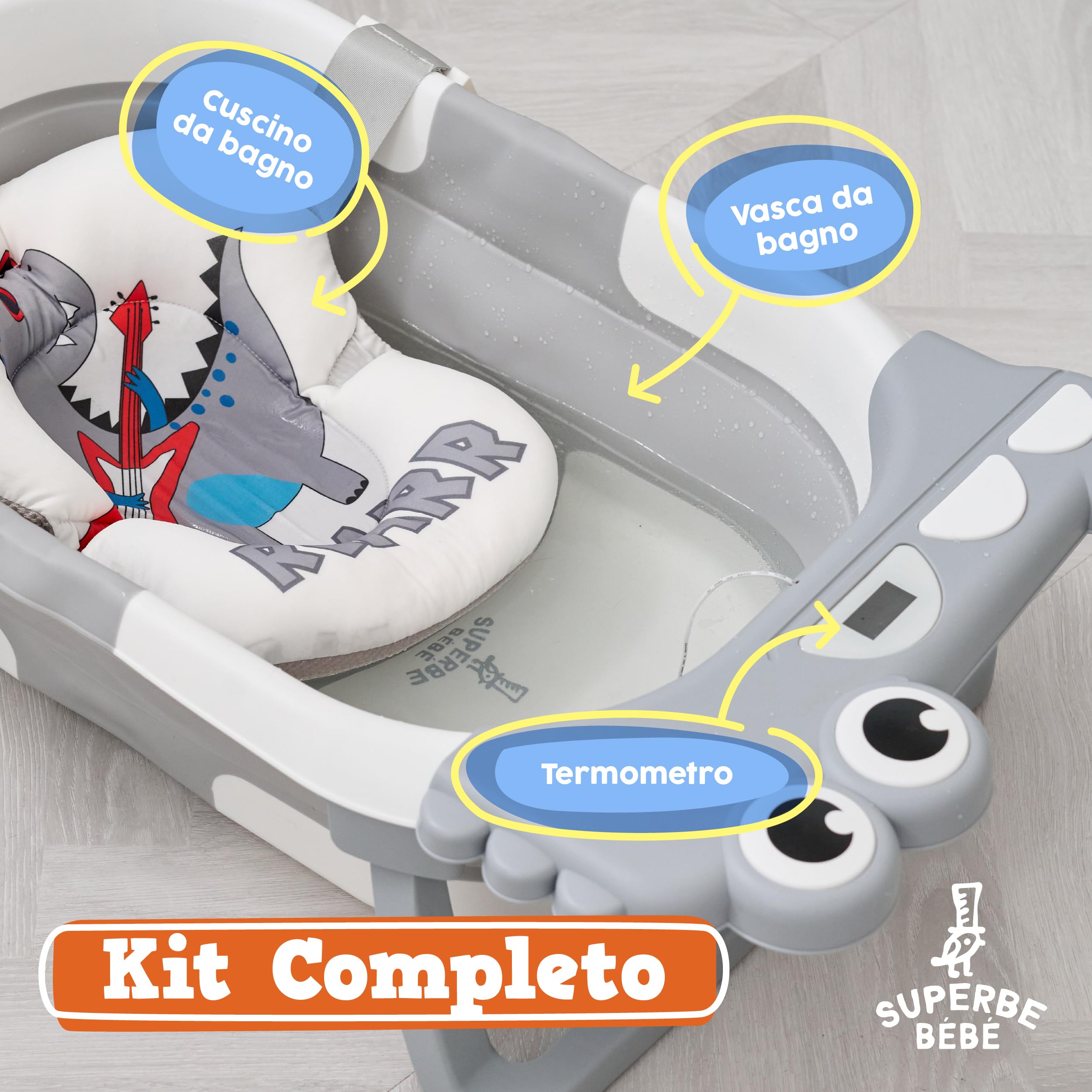 SUPERBE BEBE Vaschetta Pieghevole Con Cuscino Da Bagno E Termometro Incorporato-Vaschetta Per Bambini Con Supporto Da Bagno Gratuito-Regalo Di Nascita Ideale Per Bambine O Bambini-Dalla Nascita