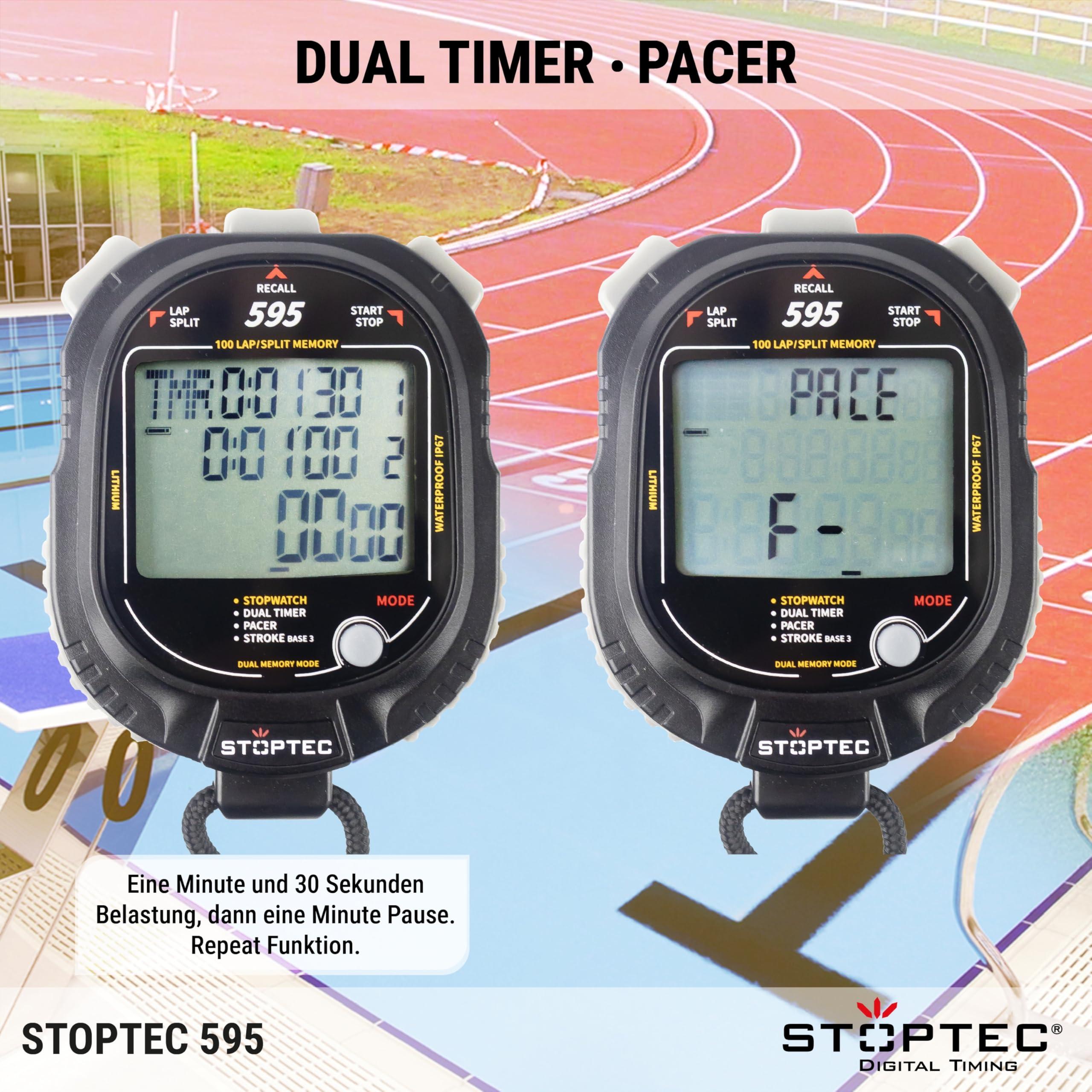 Stoptec Cronometro 595, grande display a 3 righe, meccanismo a punto di pressione, 100 memoria, doppio timer, Pacer, misurazione del numero di impatti, display e suono commutabili, resistente alla