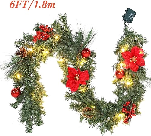 Miniatura 3 de Adeeing Guirnalda de Navidad preiluminada con 20 luces LED, flores de Pascua rojas, bayas y piñas de pino - Guirnalda iluminada de 6 pies para manto