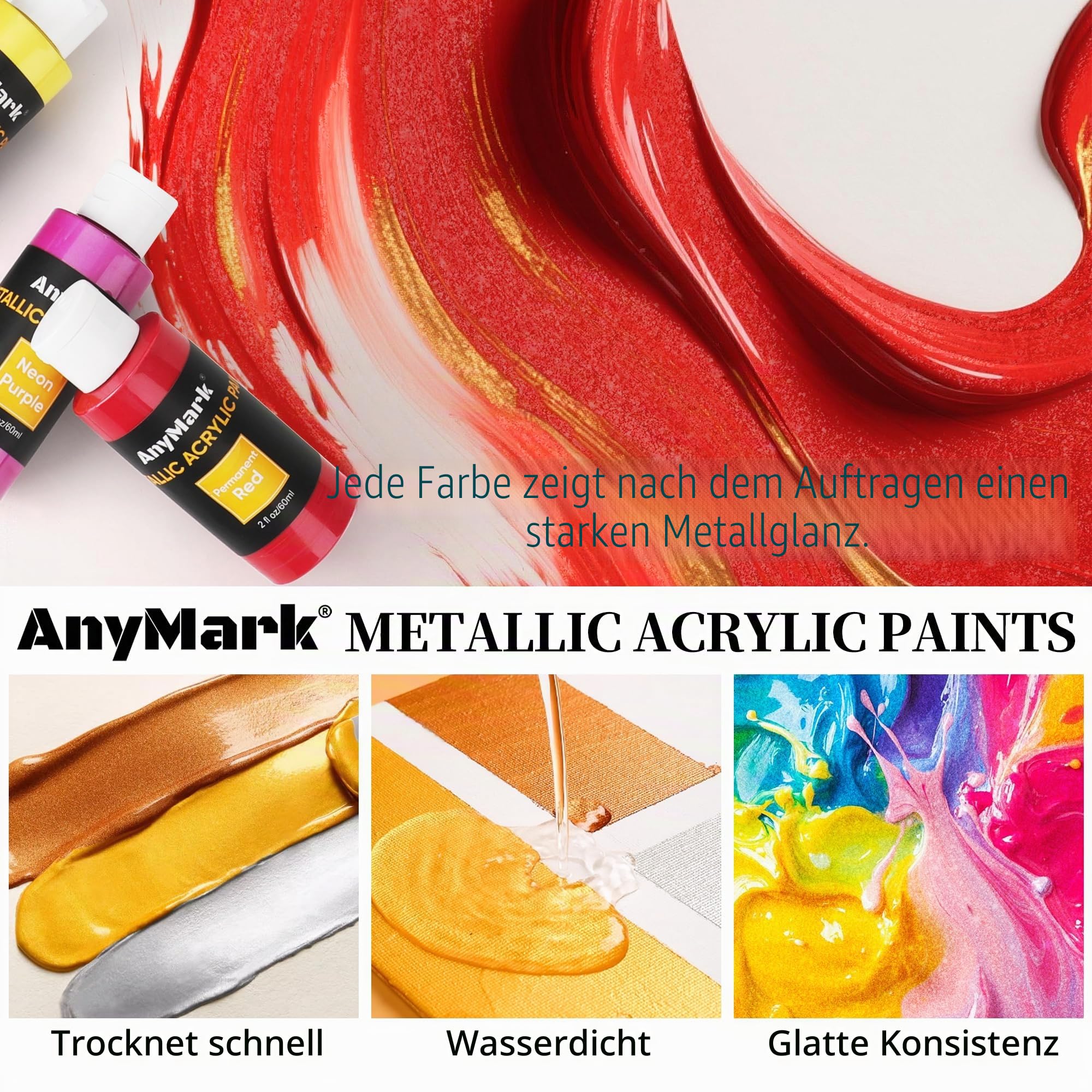 AnyMark Metallic Acrylfarbe, 48 Farben Acrylfarben-Set | Ungiftige Malutensilien für Leinwand, Stein, Holz, Keramik, 2 fl oz/60 ml Flaschen, 12 Pinsel