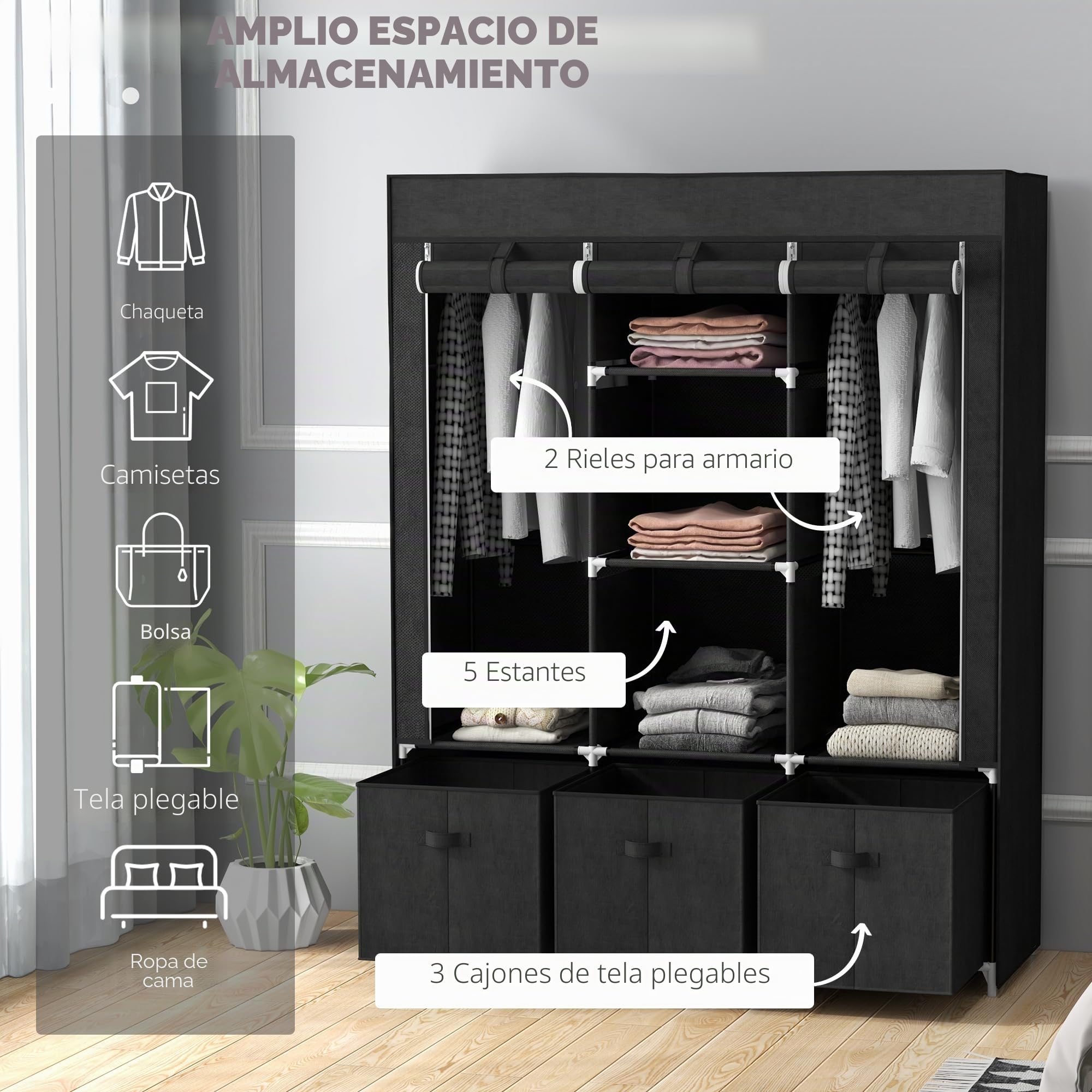 HOMCOM Armario de Tela para Dormitorio 5 estantes 3 cajones de Tela Negro | Portátil, 2 barras colgantes, armario plegable, 125 x 43 x 162.5 cm
