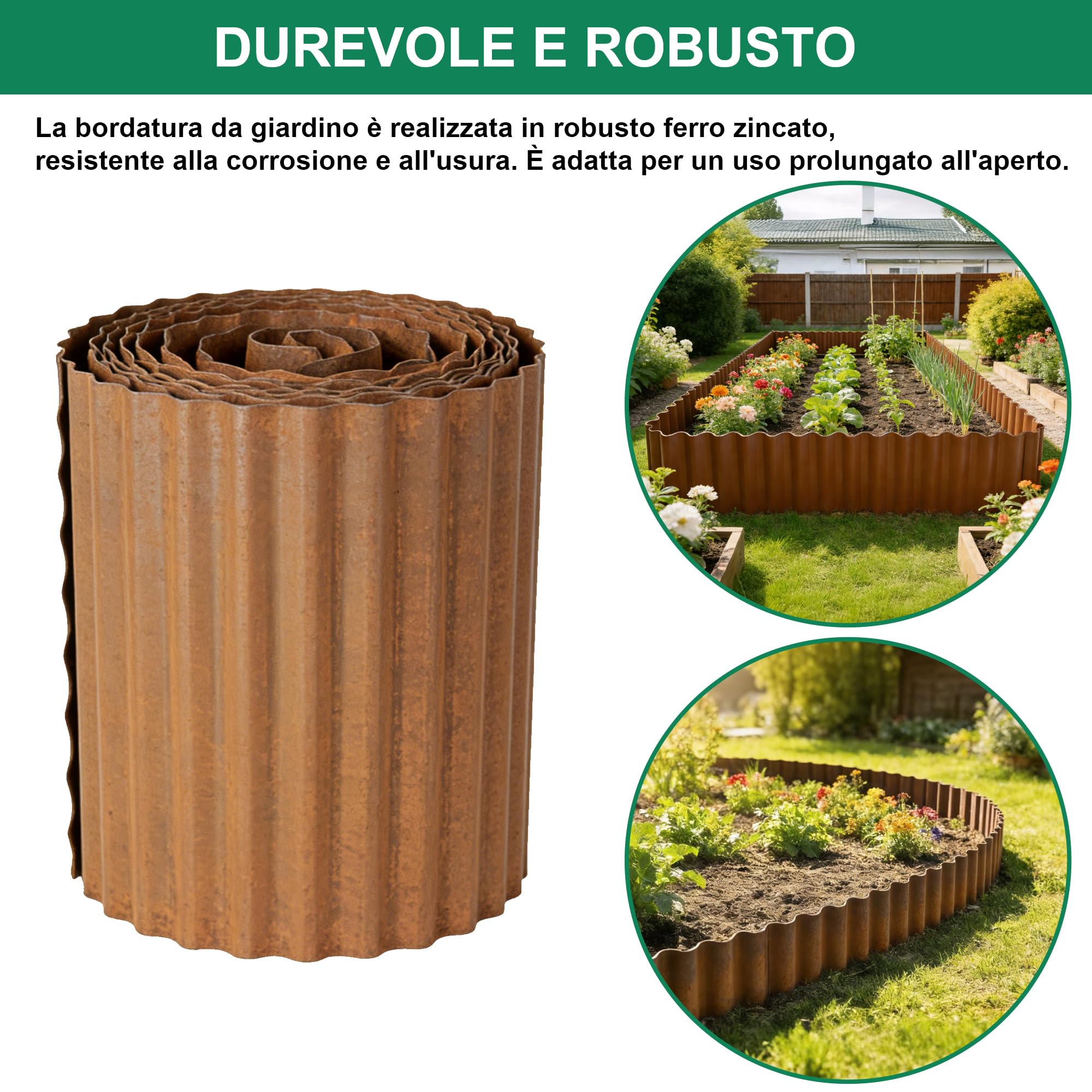 Bordura per Giardino in Metallo 6 m - Bordura per Aiuola in Metallo, Altezza 15 cm - Installazione Facile - Bordo per Prato in Ruggine