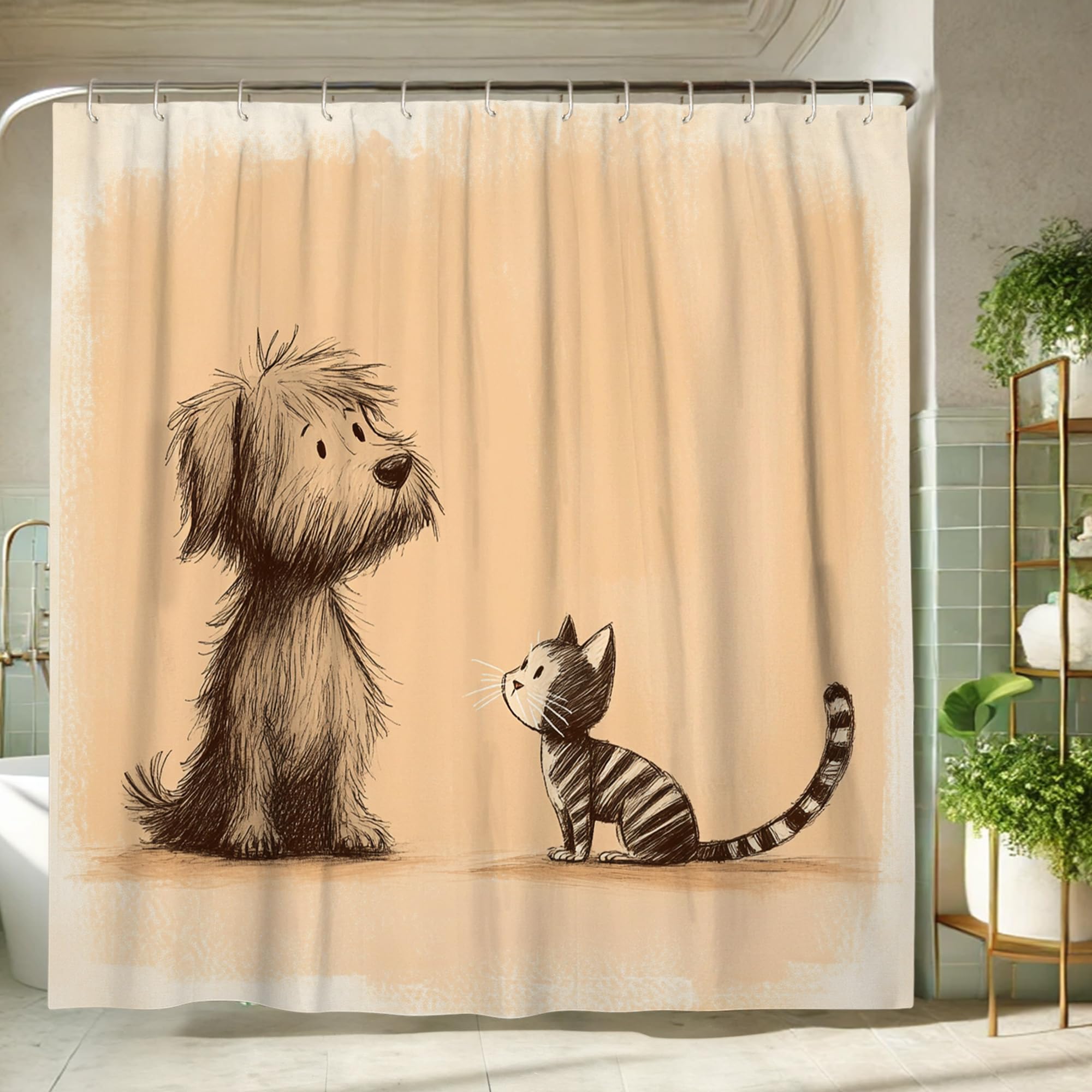 Rideau de douche beige imperméable grand format 183 x 198 cm avec crochets pour salle de bain
