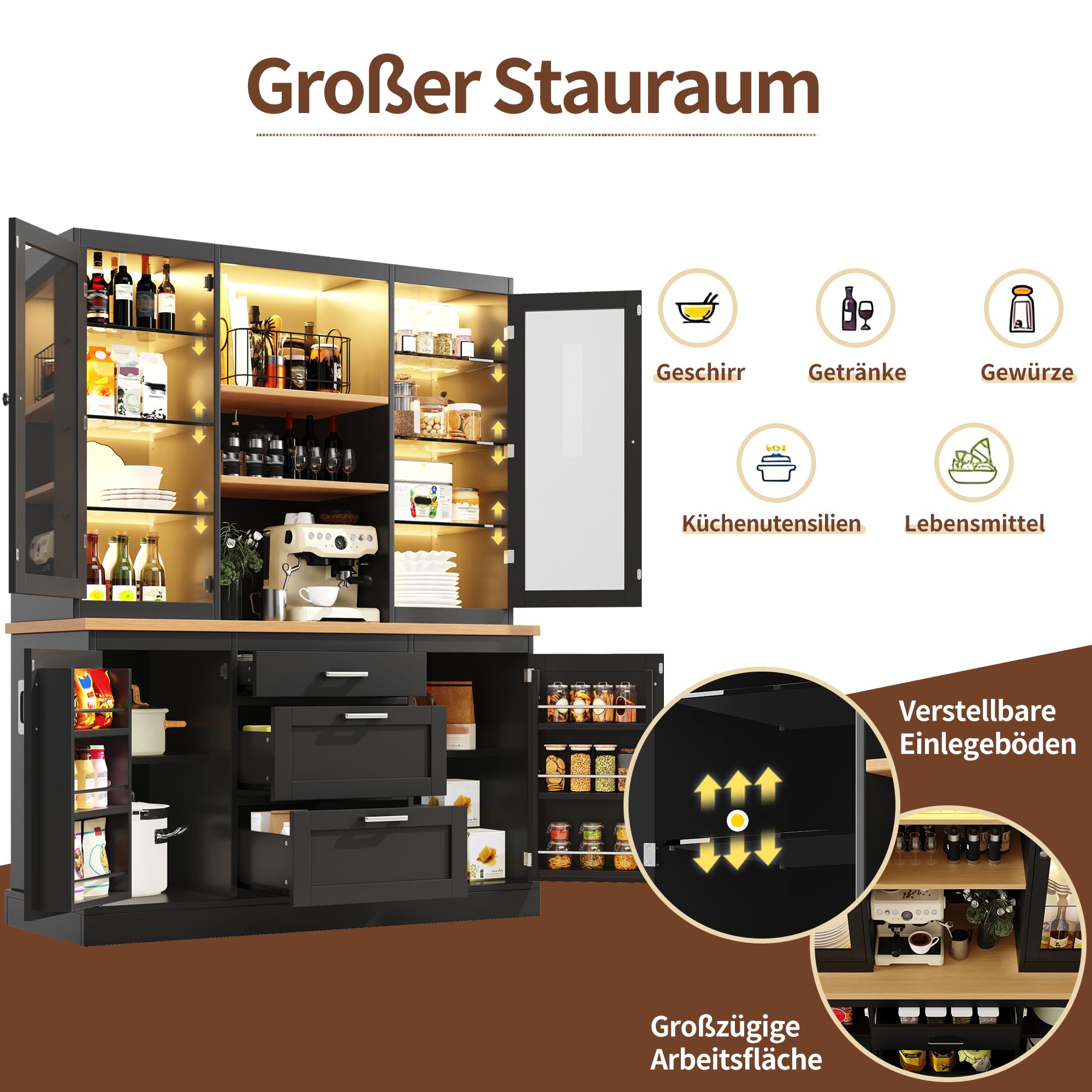 Armoire de cuisine avec plan de travail - Armoire de buffet avec étagères réglables - Éclairage LED contrôlé par application - Armoire haute polyvalente pour cuisine et salon - 140 × 40 × 185 cm (noir