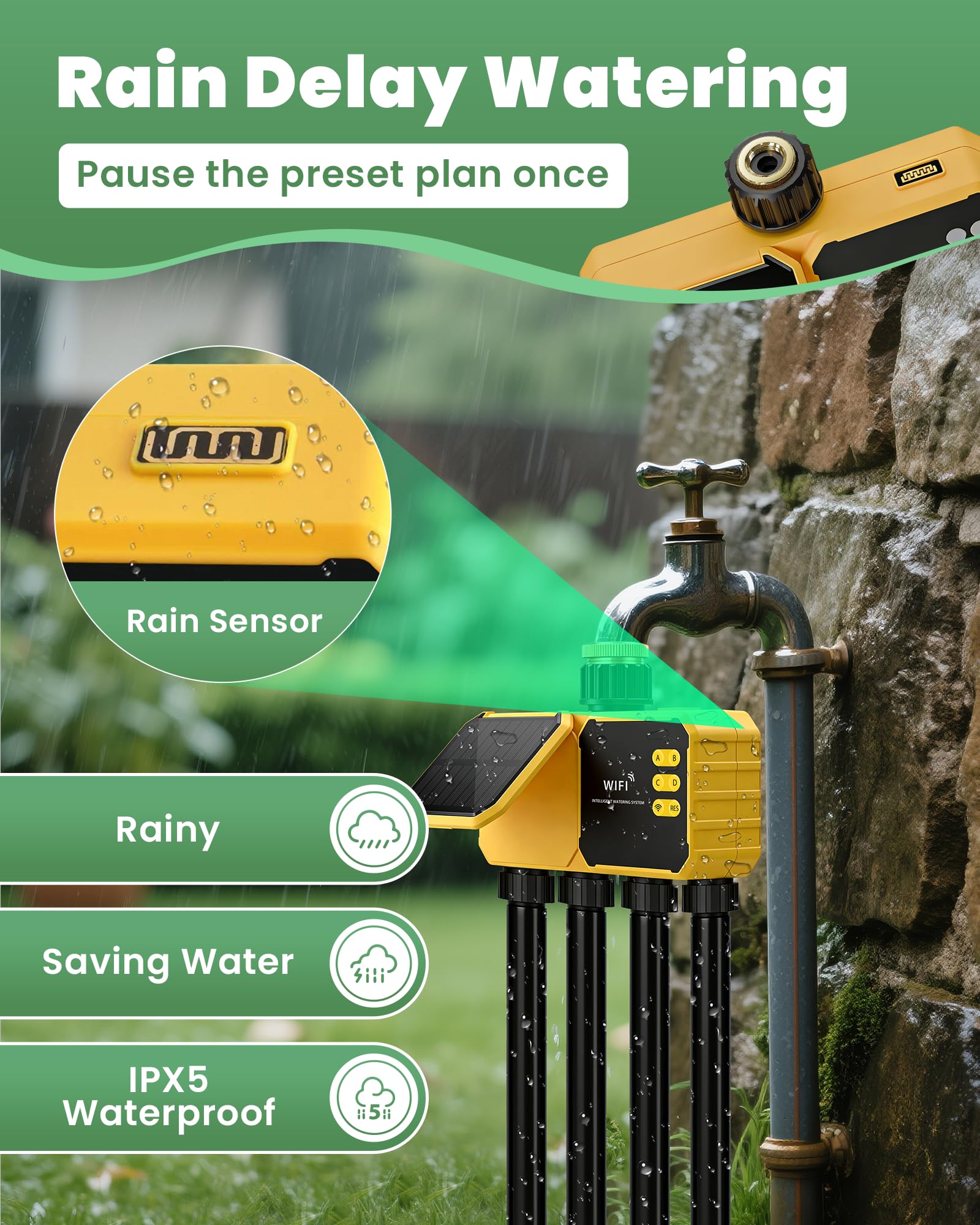 Timer per irrigazione WiFi a 4 zone, timer intelligente per acqua per tubo da giardino, 4 uscite con ritardo della pioggia/sistema di irrigazione automatico/manuale per prato, controllo vocale remoto