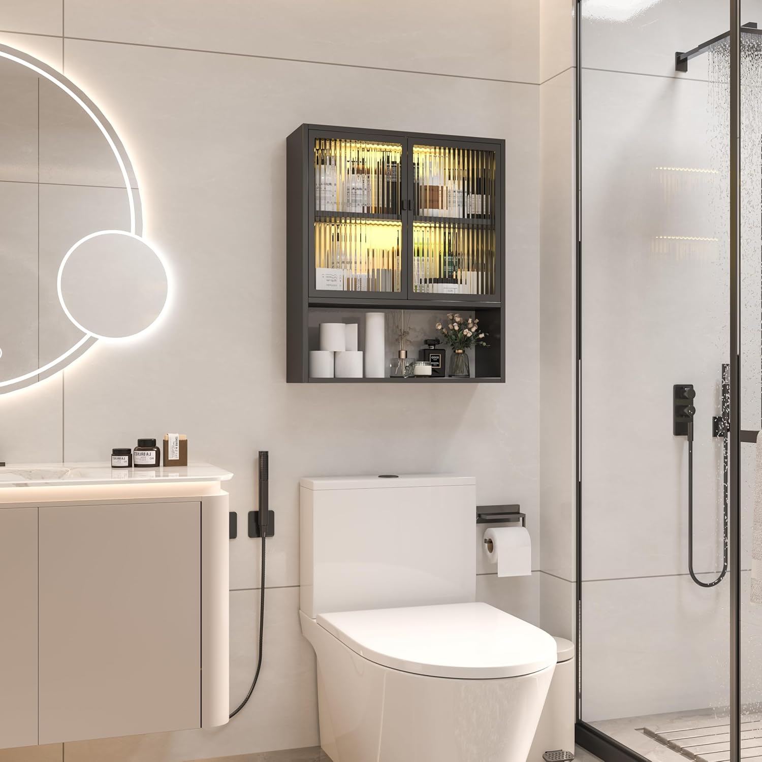 Over Toilet Storage Cabinet with Sensor Light, Medicine Cabinet with Fluted Glass Doors, Bathroom Wall Mounted Metal Organizer for Bathroom and Laundry Room (Black, Half Glass Door)