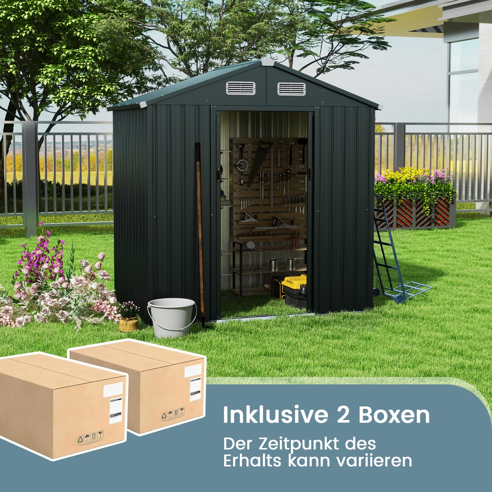 COSTWAY Domek ogrodowy metalowy, 182 x 129 x 197 cm | 3,25 m³, szopa ogrodowa z dachem dwuspadowym i 2 drzwiami przesuwnymi, szopa na narzędzia z zamkiem, domek ogrodowy, szopa ogrodowa na zewnątrz