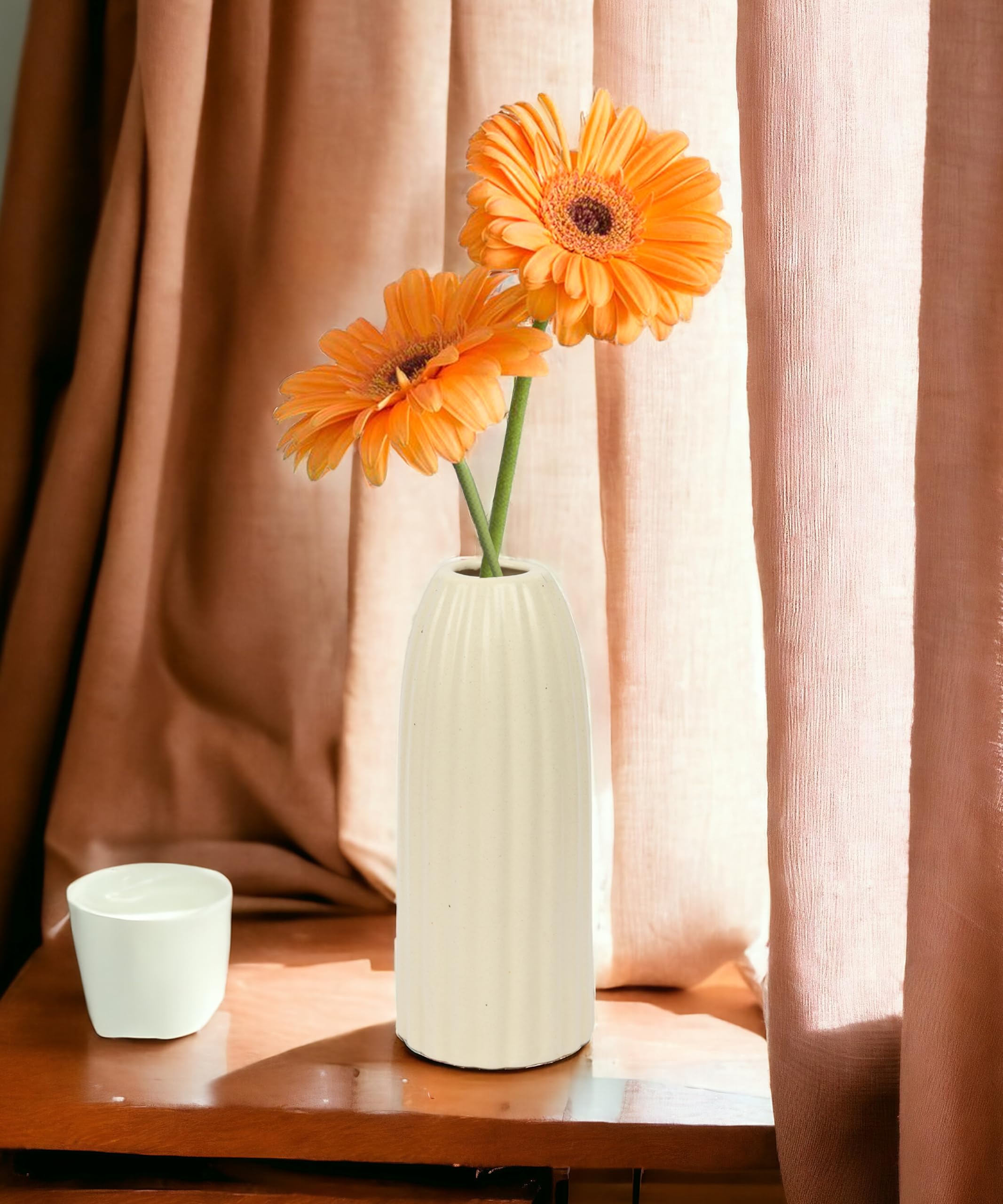 SPHINX Ribbed Pipe Ceramic Vase for Flowers, Pampas Grass, or Live Plants | Decorative Home & Office Centerpiece Gift – No Flowers- (White, 9 Inch)