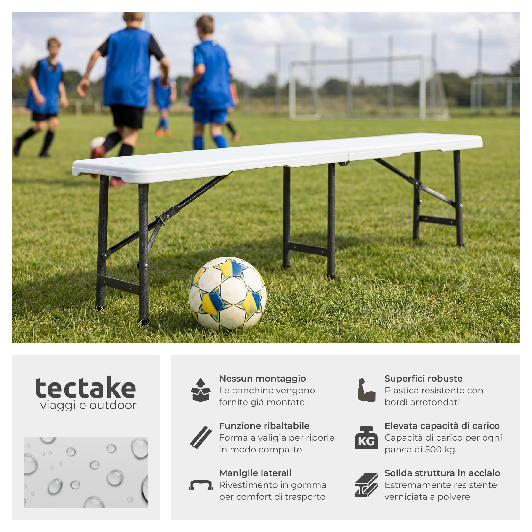 tectake® Set 2x Panchina da esterno 180x27,5x42 cm, Set 2 Panche Pieghevoli da Campeggio Formato Valigia, Struttura in Acciaio, Blocco di sicurezza, Ideale per Giardino, Campeggio, Spiaggia - Bianco