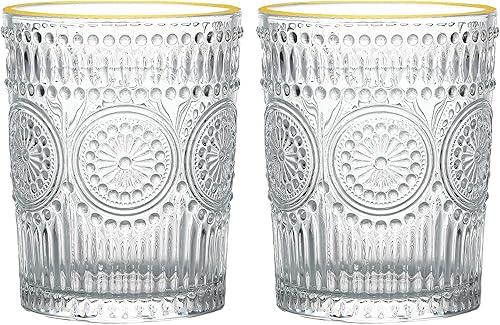 Miniatura 9 de Juego de 2 vasos de agua vintage de 10 onzas, vasos de agua con textura de flores, vasos pequeños y lindos para café, jugo, whisky, cerveza, cóctel