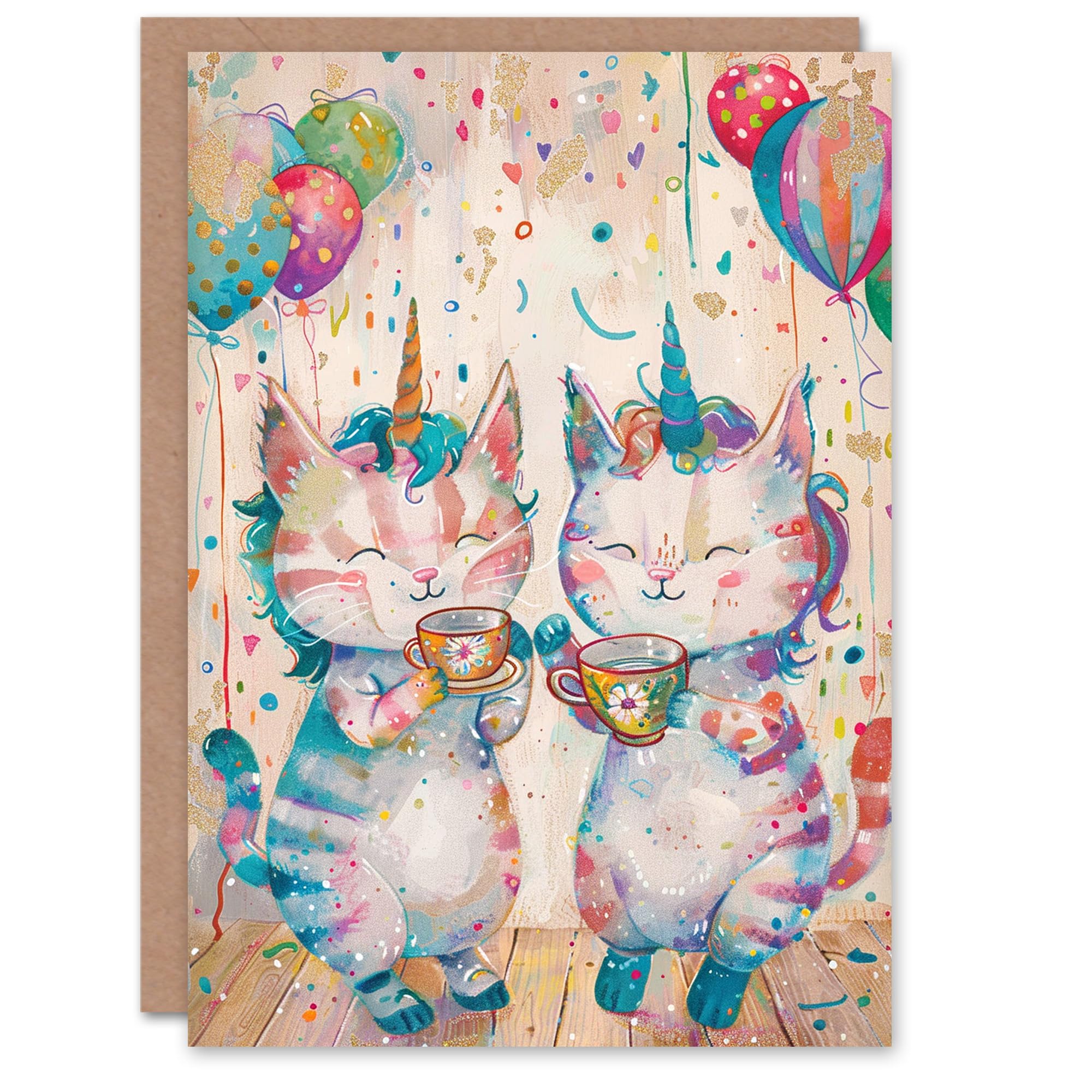 Artery8 Birthday Card Cat Lover Unicorn Balloon Tea Party Cartoon Cute For Child Kids Son Daughter Greeting Card